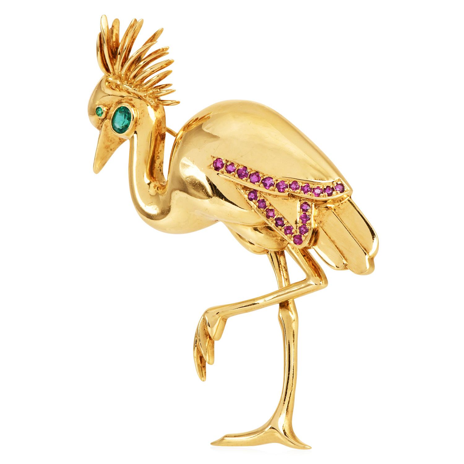 Jean Vitau Flamingo Multi Gem Designer épingle en or 18 carats des années 1990 Pour femmes en vente