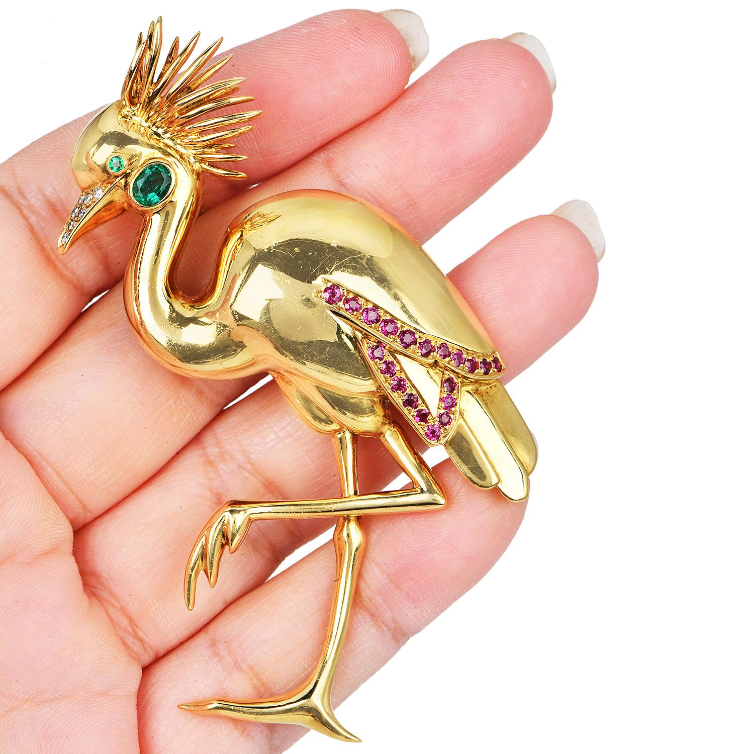 Jean Vitau Flamingo Multi Gem Designer épingle en or 18 carats des années 1990 en vente 2