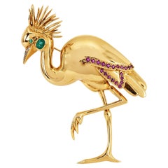 Alfiler de oro de 18 quilates de diseño multigema flamenco Jean Vitau de los años 90