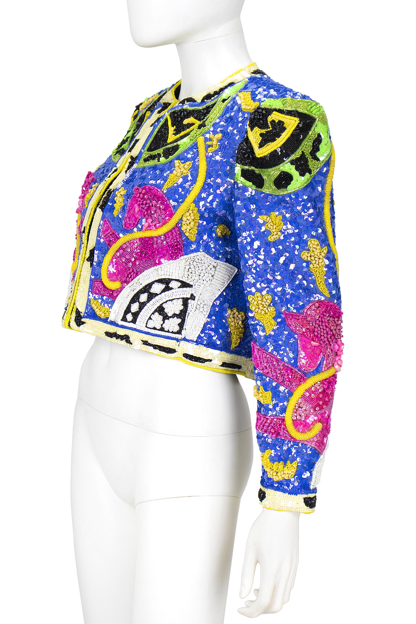 1990s Jeanette Kastenberg Multi-Color Unicorn Sequin Beaded Jacket In Good Condition In Los Angeles, CA
