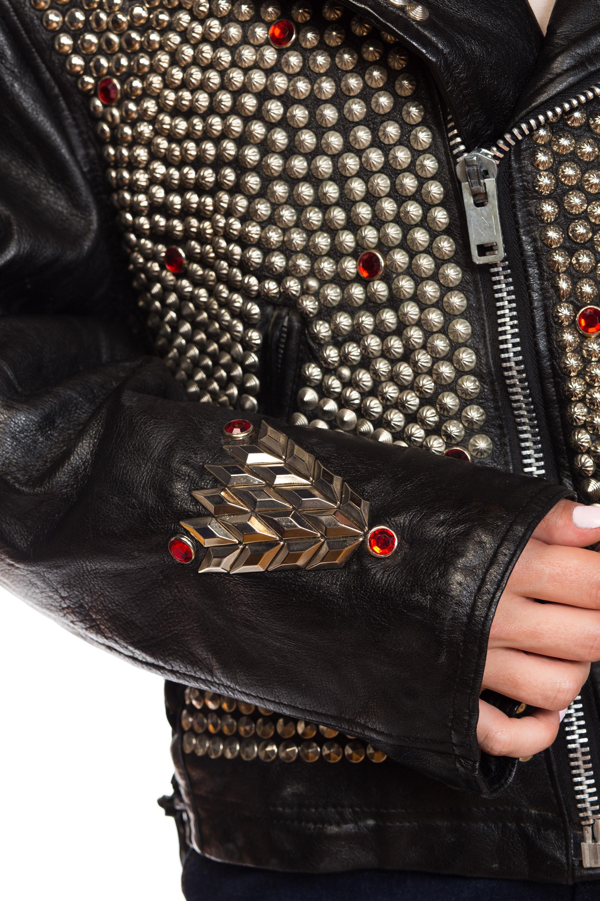 1990S JEFF HAMILTON Men's Studded Leather Biker Jacket With Crystals And Eagle For Sale 3