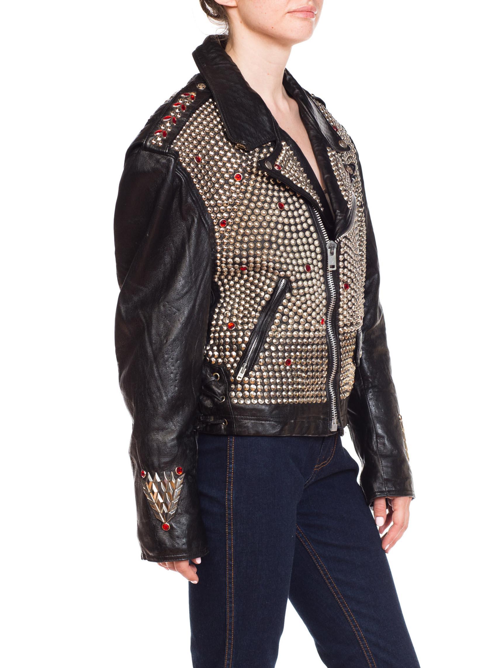 Black 1990S JEFF HAMILTON Men's Studded Leather Biker Jacket With Crystals And Eagle For Sale