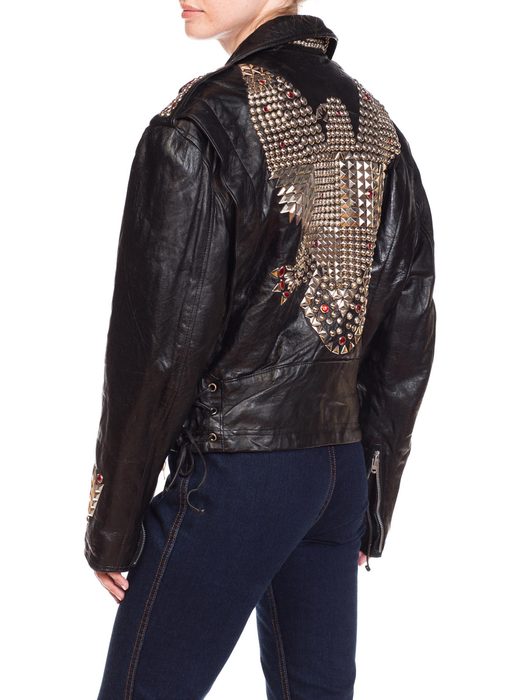 1990S JEFF HAMILTON Men's Studded Leather Biker Jacket With Crystals And Eagle In Excellent Condition For Sale In New York, NY