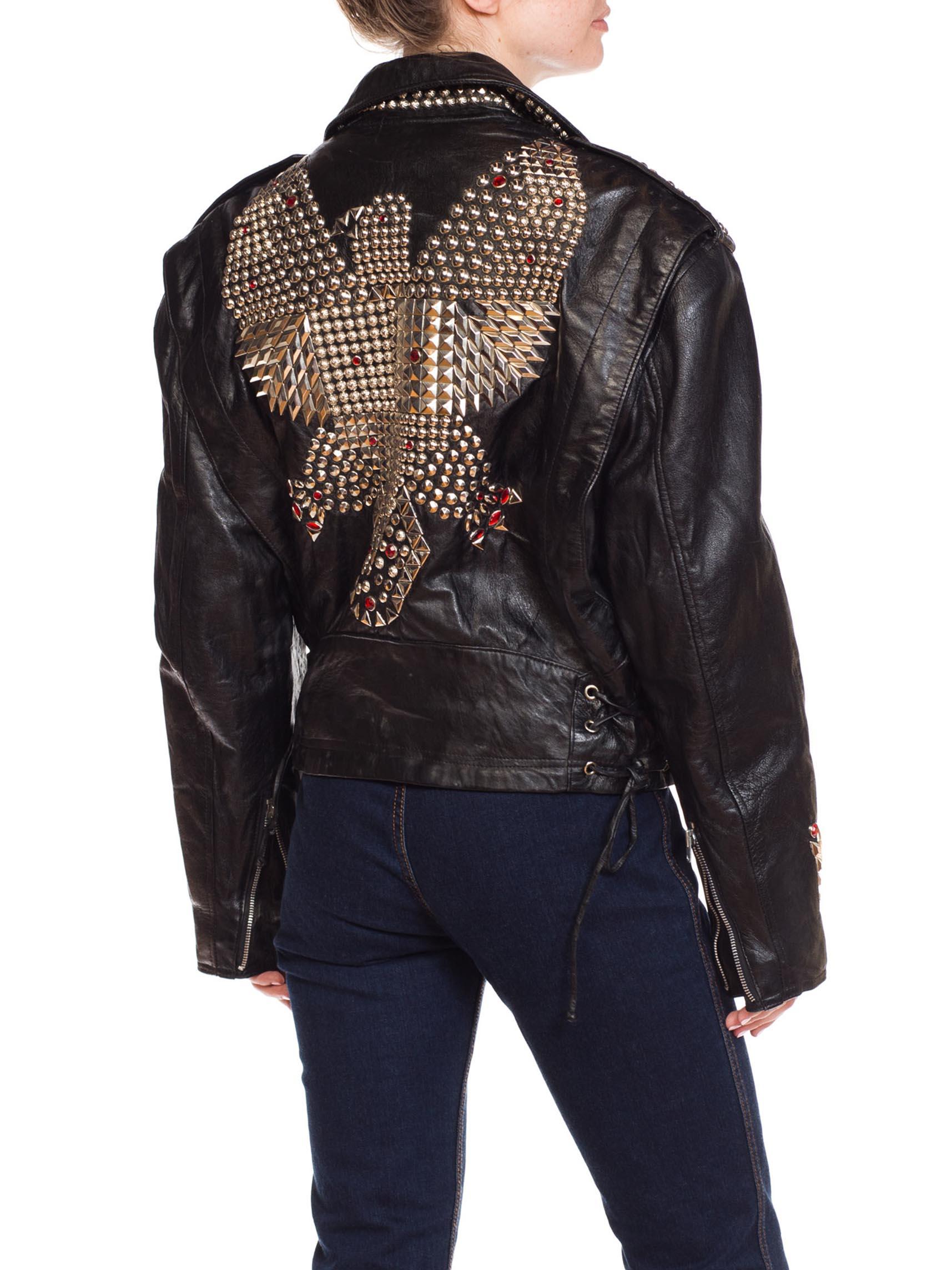 Women's or Men's 1990S JEFF HAMILTON Men's Studded Leather Biker Jacket With Crystals And Eagle For Sale