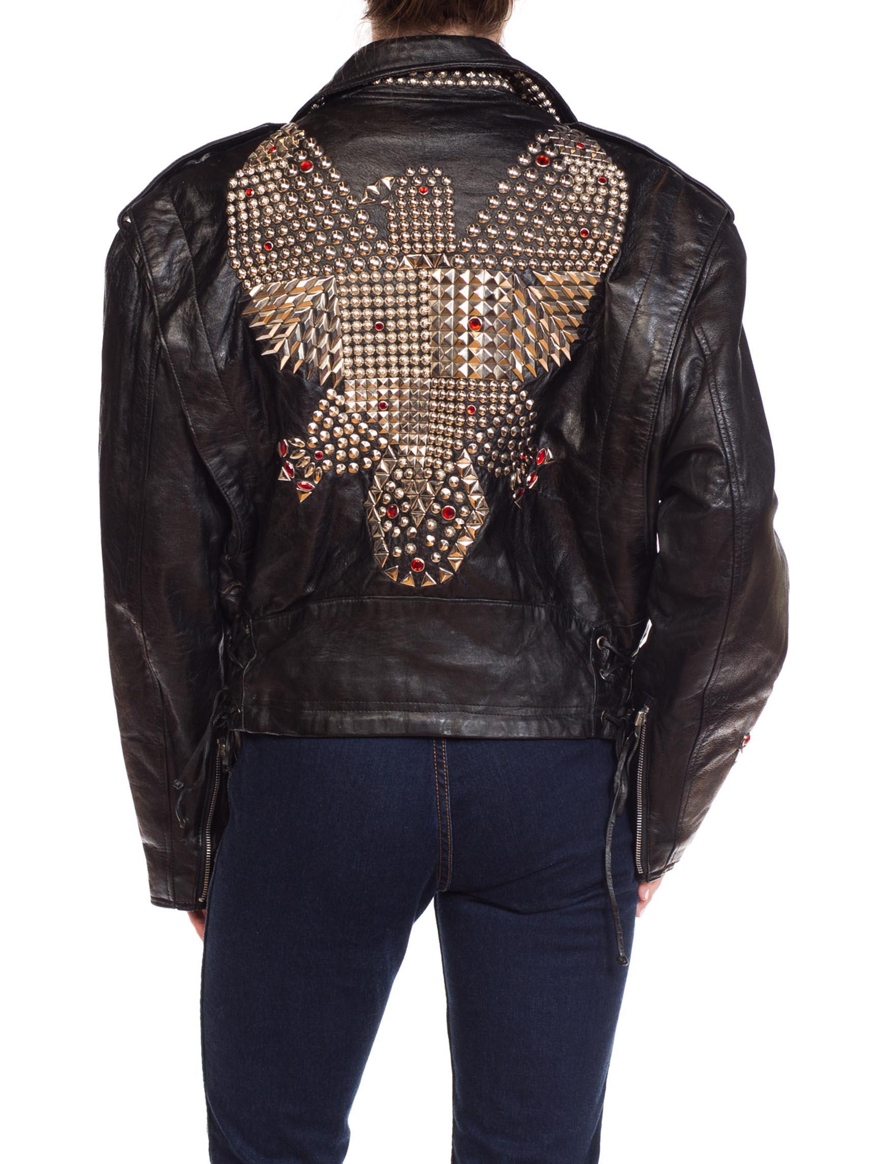 1990S JEFF HAMILTON Men's Studded Leather Biker Jacket With Crystals And Eagle For Sale 1