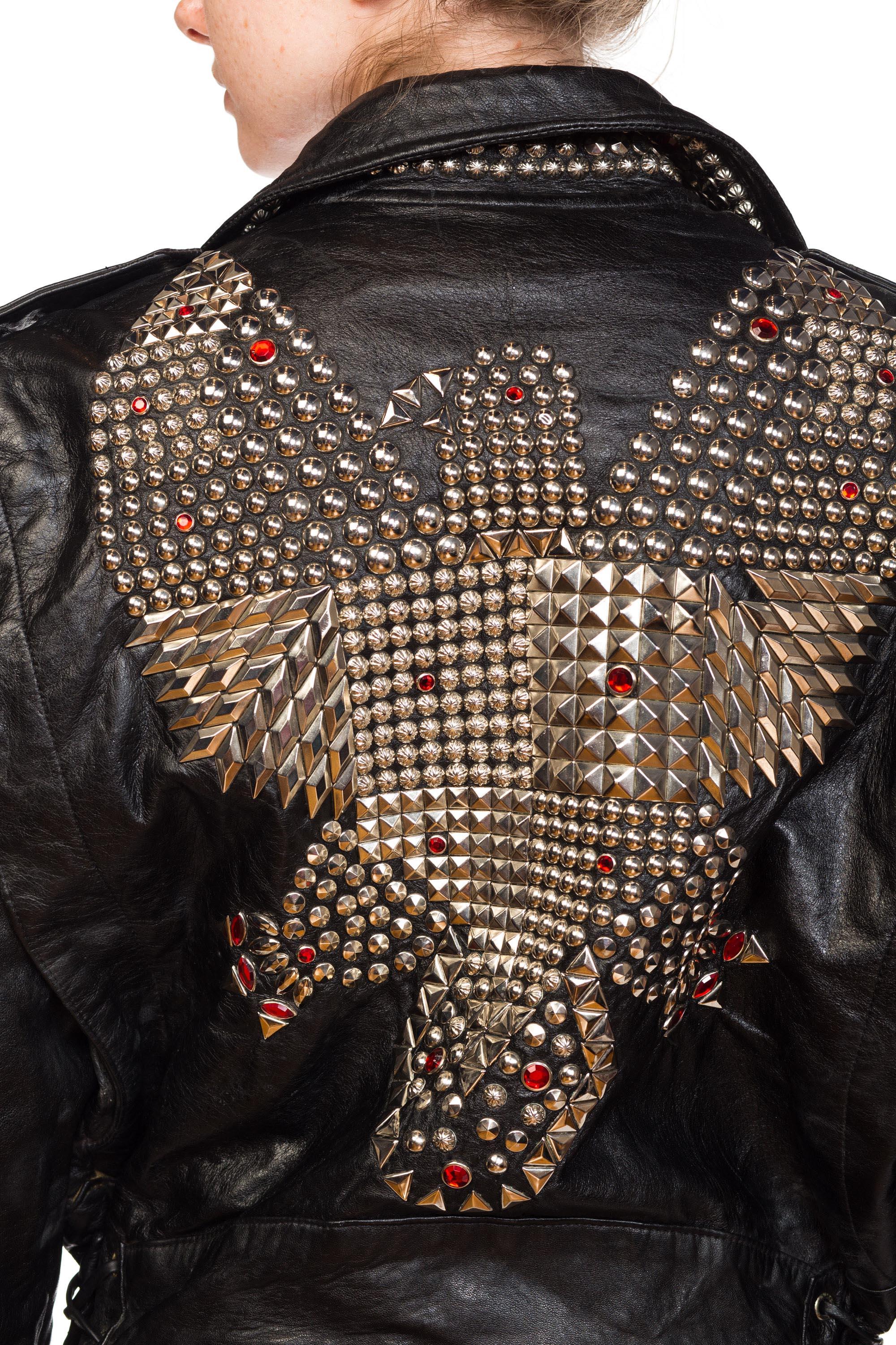 1990S JEFF HAMILTON Men's Studded Leather Biker Jacket With Crystals And Eagle For Sale 2