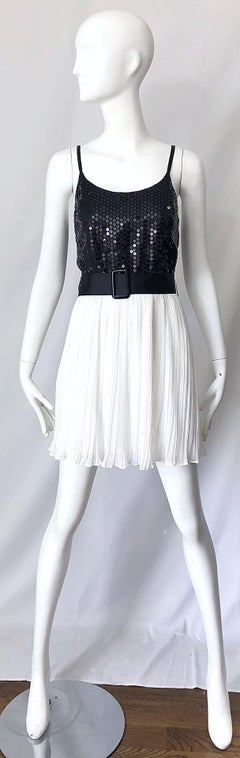 Jenny Packham - Robe courte en soie noire et blanche à paillettes, vintage, années 1990