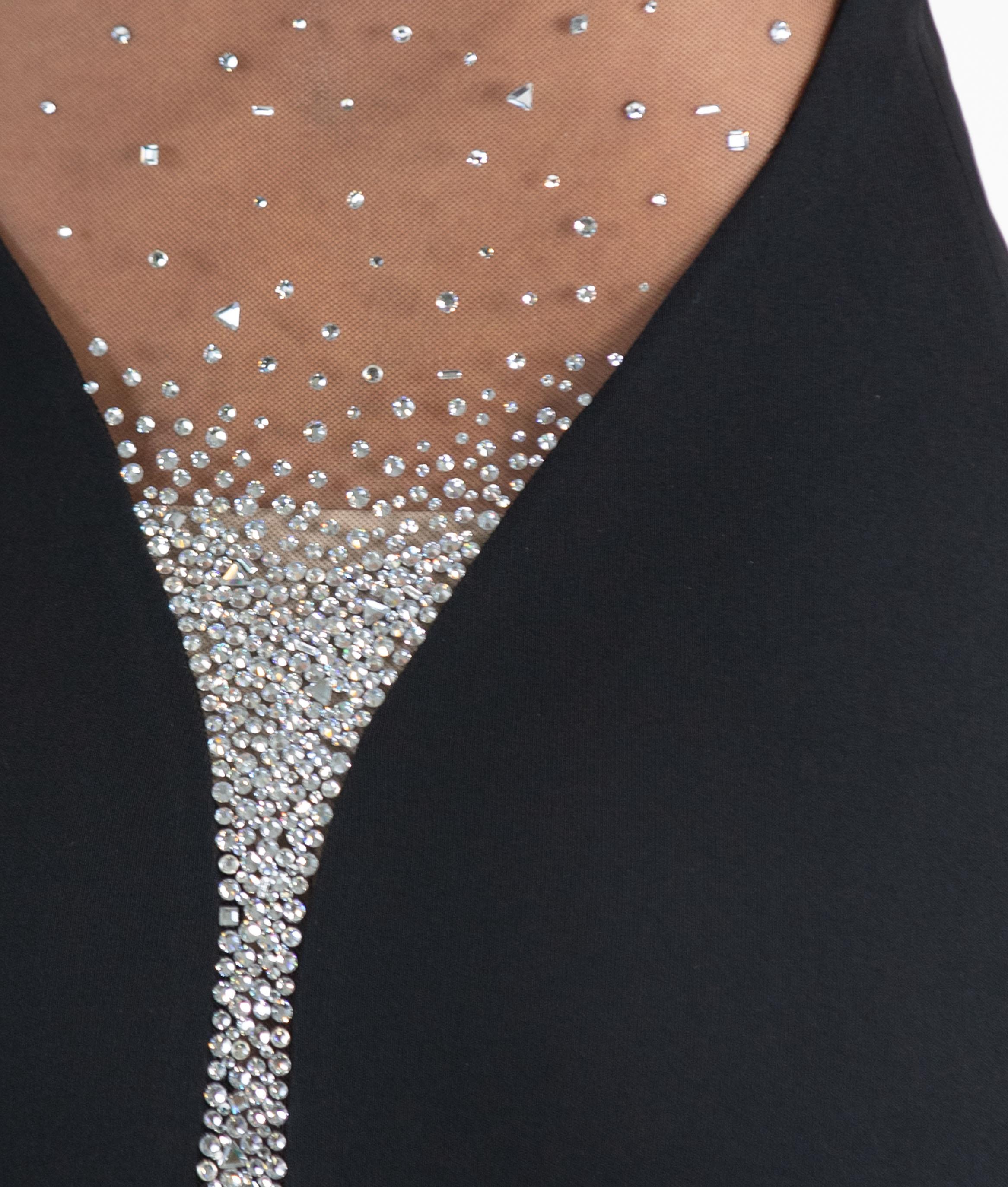 1990S JIKI Schwarz Slinky Rayon Deep V Kleid mit Kristall bedeckt Sheer Mesh im Angebot 6