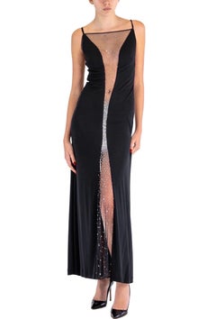 JIKI Robe en rayonne noire moulante à V profond avec maille transparente recouverte de cristaux, années 1990