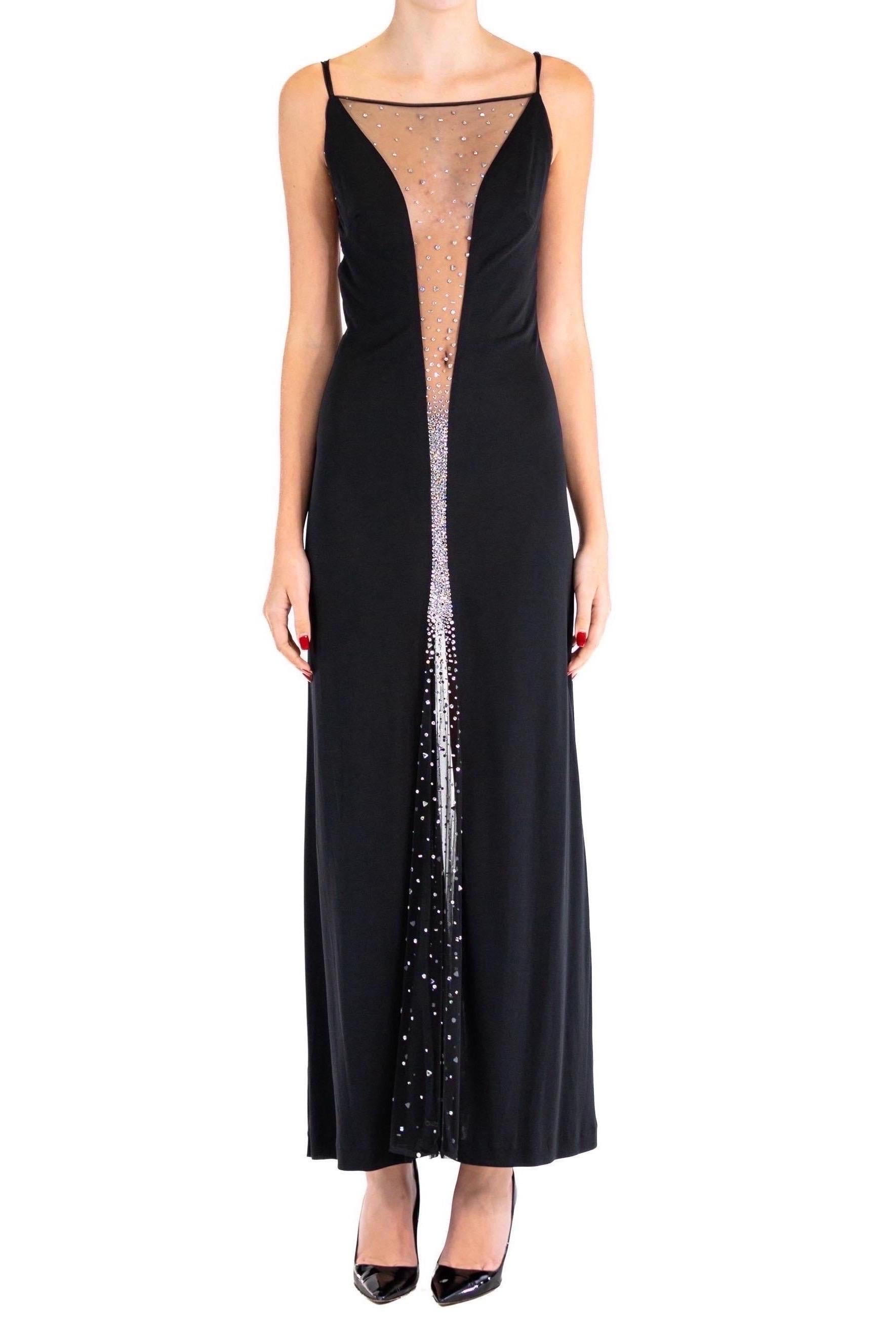 1990S JIKI Schwarz Slinky Rayon Deep V Kleid mit Kristall bedeckt Sheer Mesh im Zustand „Hervorragend“ im Angebot in New York, NY