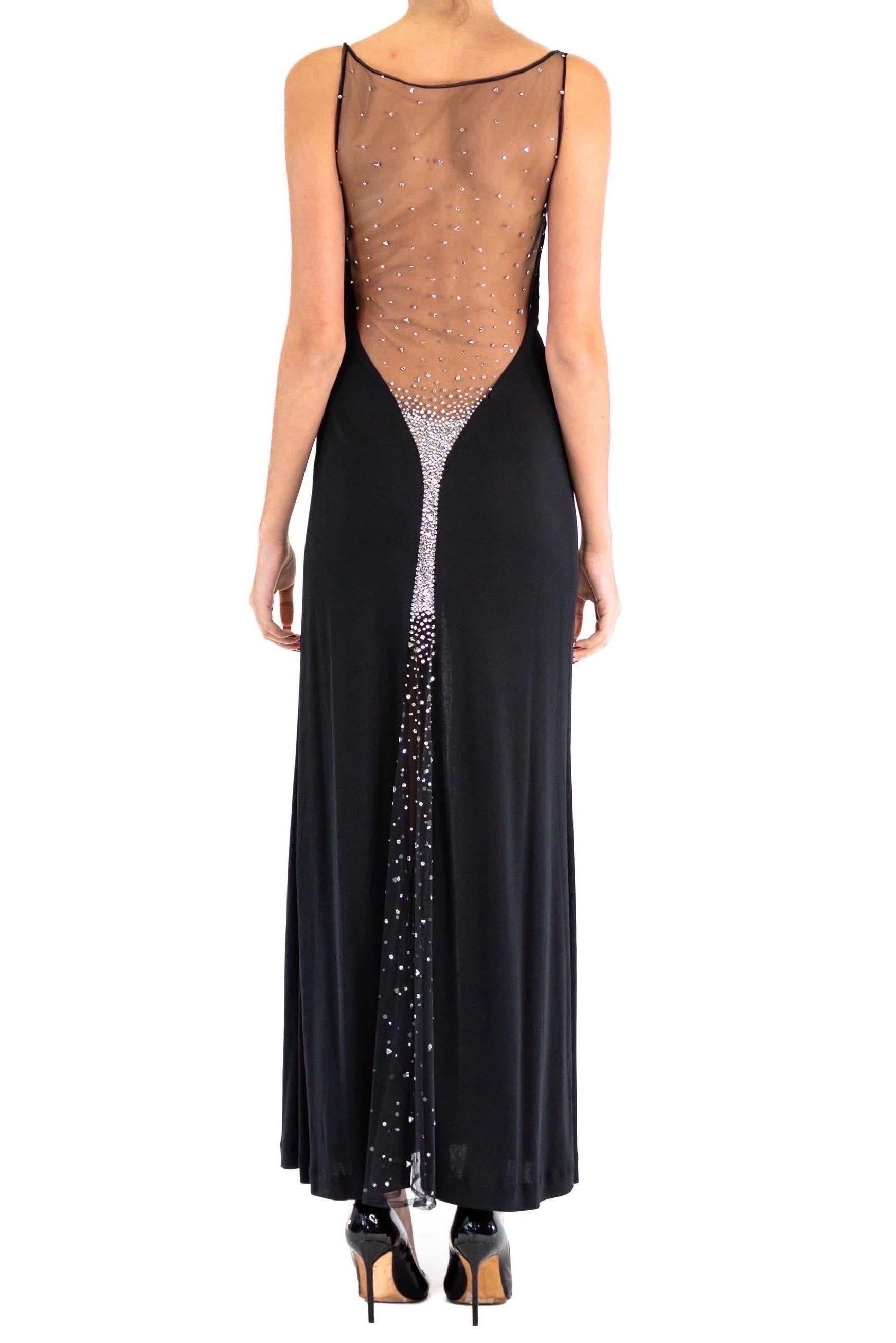 1990S JIKI Schwarz Slinky Rayon Deep V Kleid mit Kristall bedeckt Sheer Mesh im Angebot 4