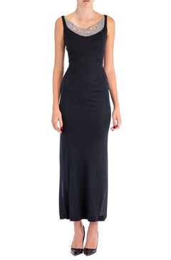 JIKI Robe en jersey de rayonne noire fluide avec découpe en maille recouverte de cristaux, années 1990