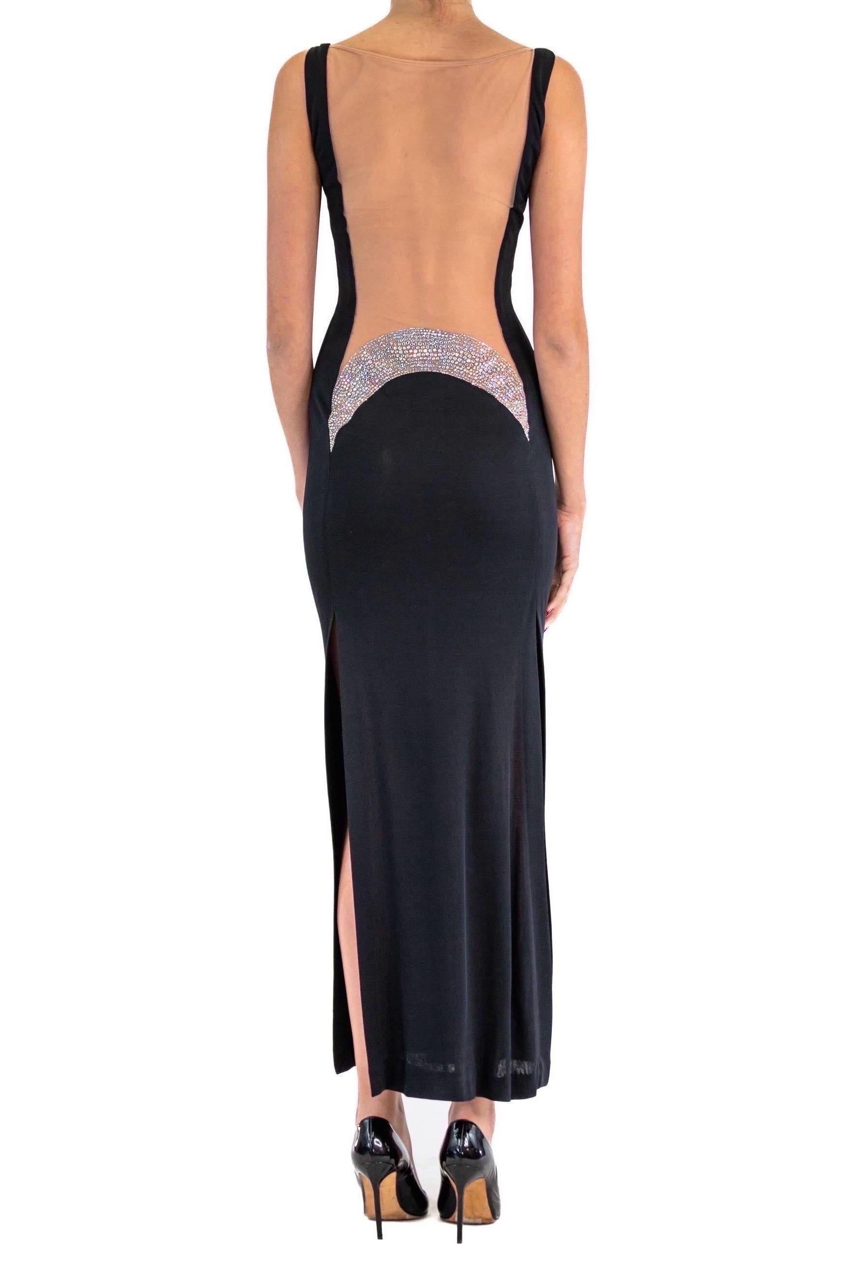 1990er JIKI Schwarzes Slinky Rayon Jersey-Kleid mit kristallbedecktem Mesh-Ausschnitt im Angebot 2