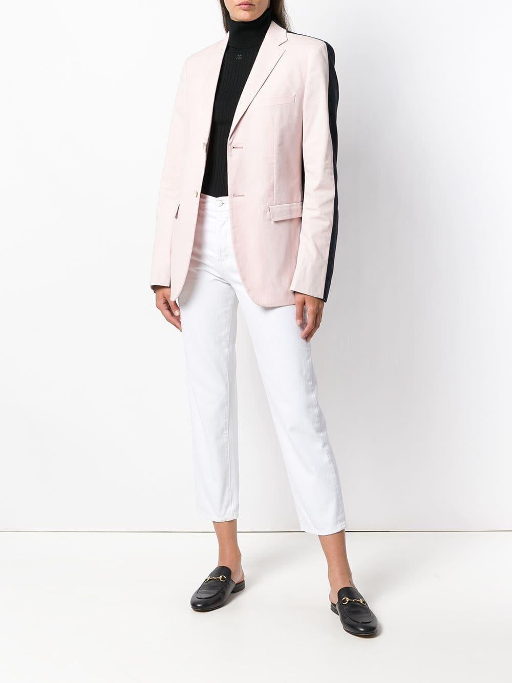 Jil Sander eye-catching blush pink and dark blue stretch cotton contrasting straight blazer jacket for male, with classic lapels, a front buttons fastening, long sleeves, slit cuffs, chest welt pocket, front flap pockets, a rear central vent and a