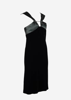 1990s Jil Sander Black Velvet Dress with Lustrous Dark Forest Green Satin Detail