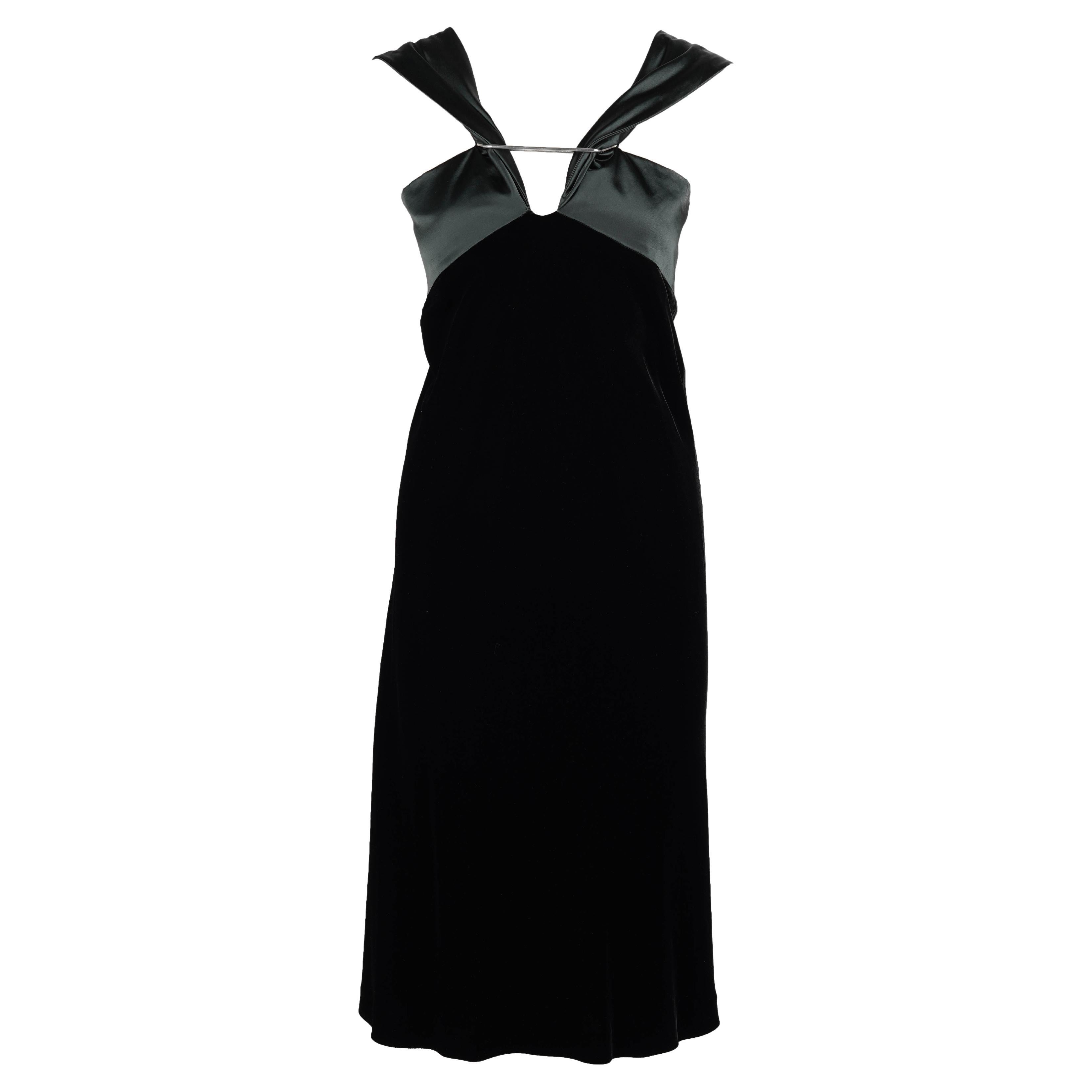1990er Jil Sander Schwarzes Samtkleid mit schimmerndem dunkelwaldgrünem Satineinsatz