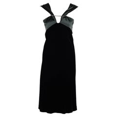 1990s Jil Sander Black Velvet Dress with Lustrous Dark Forest Green Satin Detail
