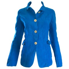 Jil Sander - Veste tailleur vintage en coton et lin bleu turquoise, années 1990