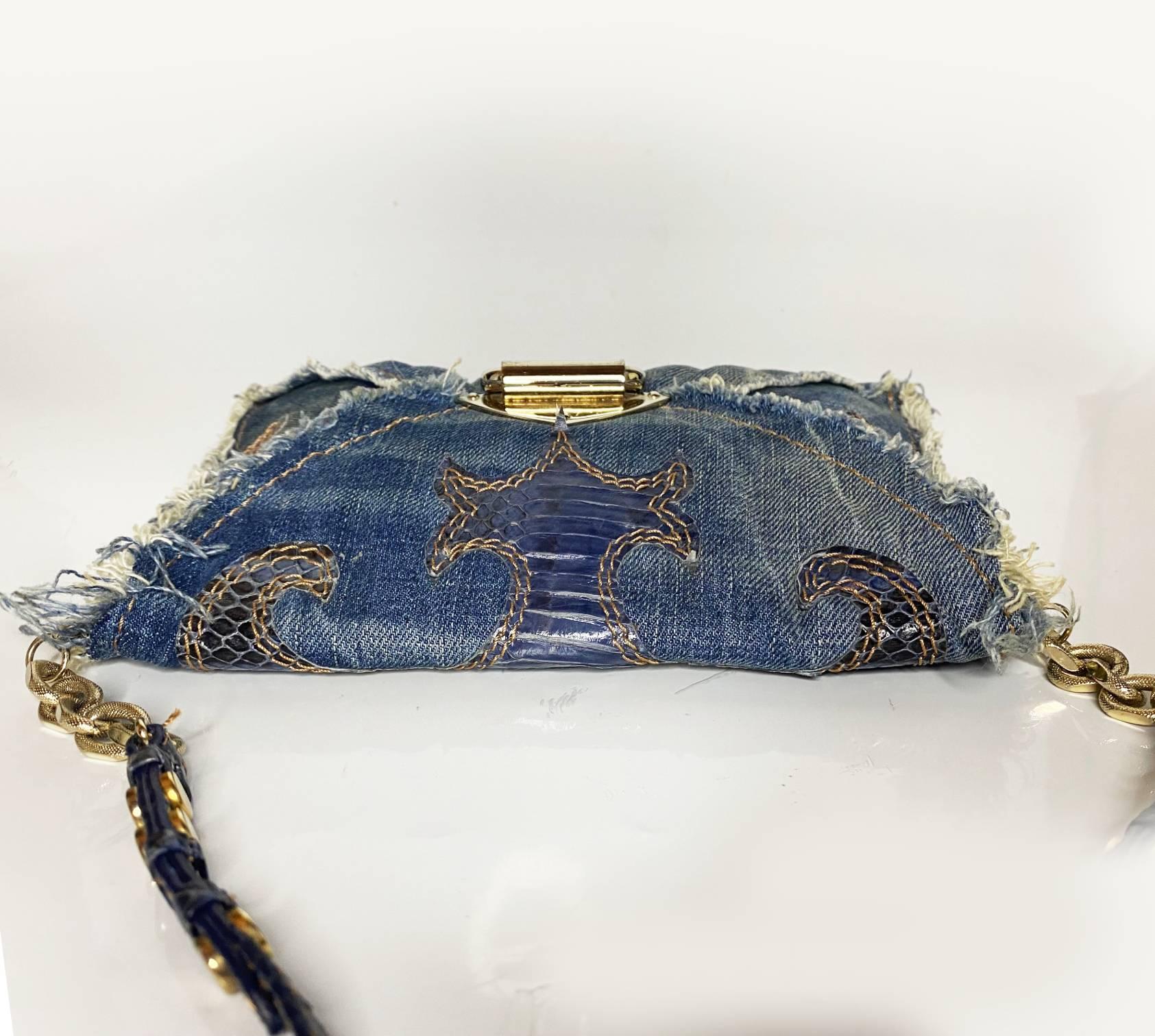 1990s Jimmy Choo Blue Denim & Leather Shoulder bag For Sale 9
