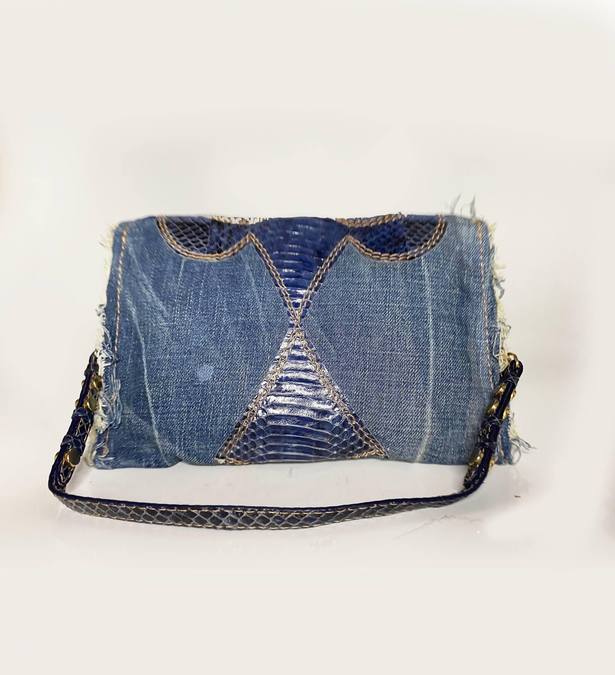 1990s Jimmy Choo Blue Denim & Leather Shoulder bag For Sale 10