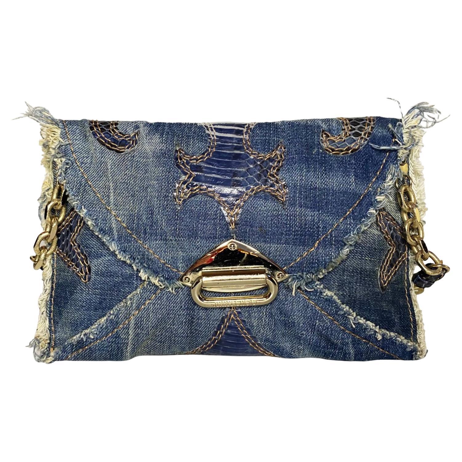 1990s Jimmy Choo Blue Denim & Leather Shoulder bag In Good Condition For Sale In London, GB