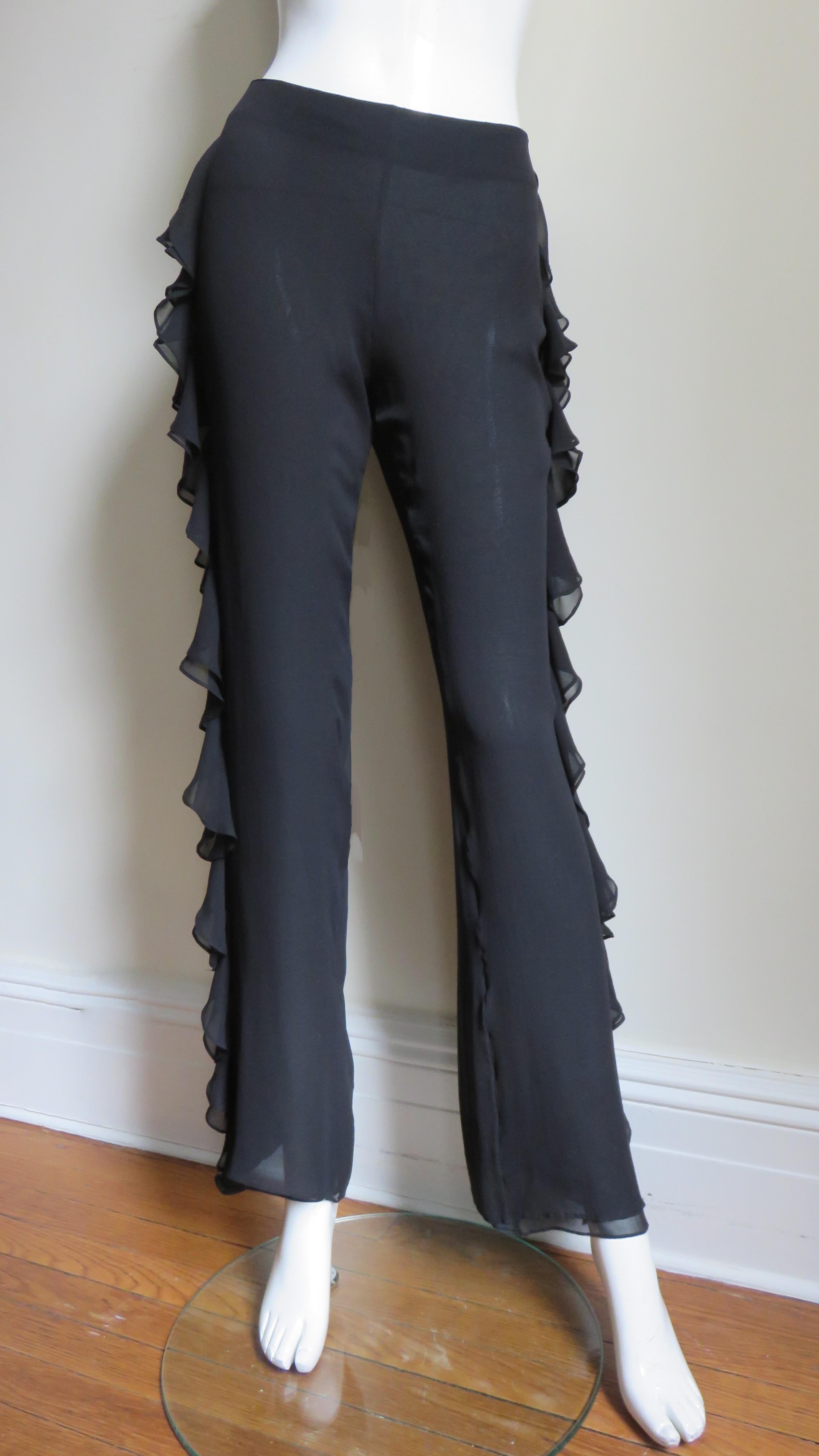 Black John Bartlett Silk Pants With Side Ruffle For Sale