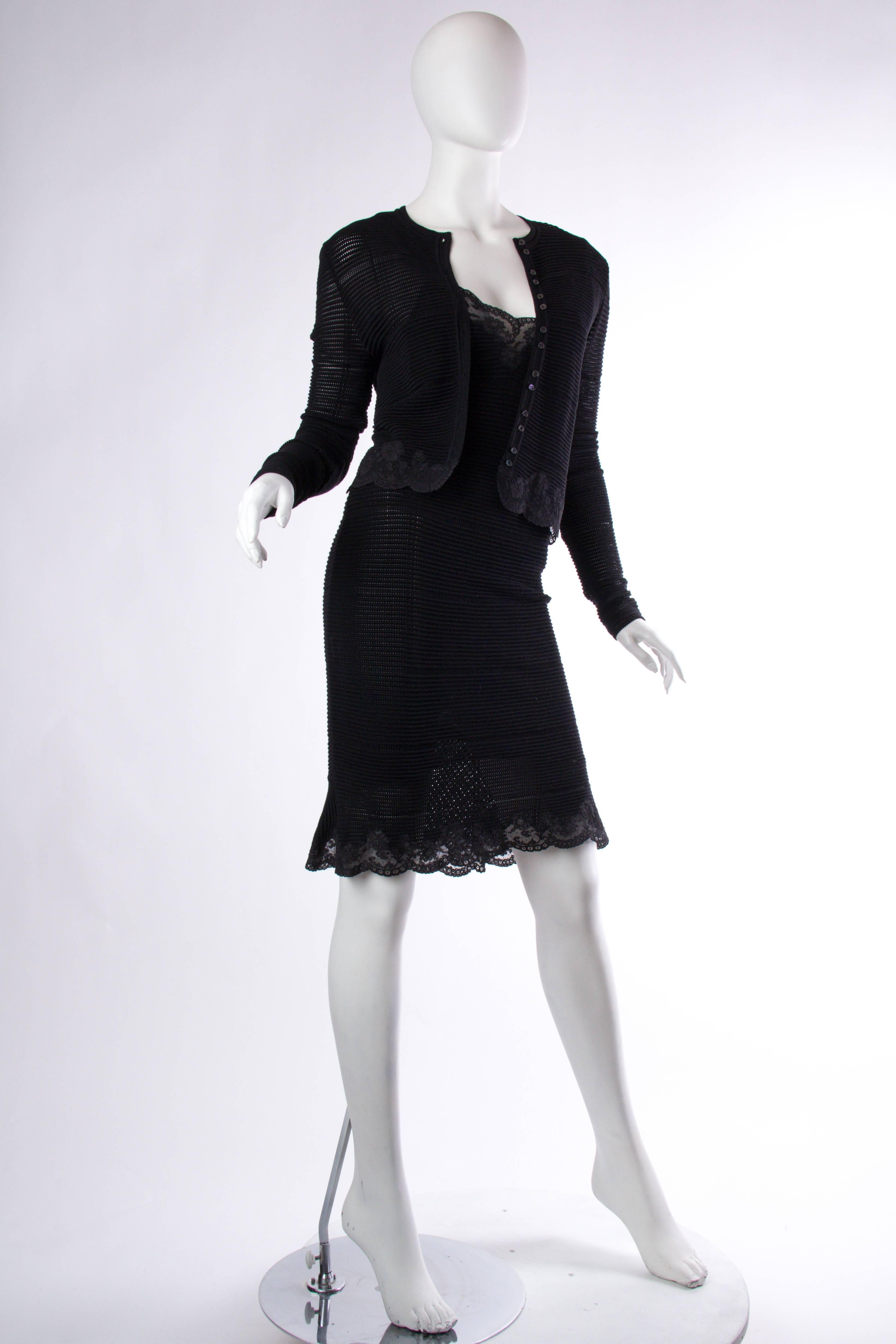 1990s John Galliano Black Wool Blend Knit Slip Dress With Matching Cardigan   In Excellent Condition In New York, NY