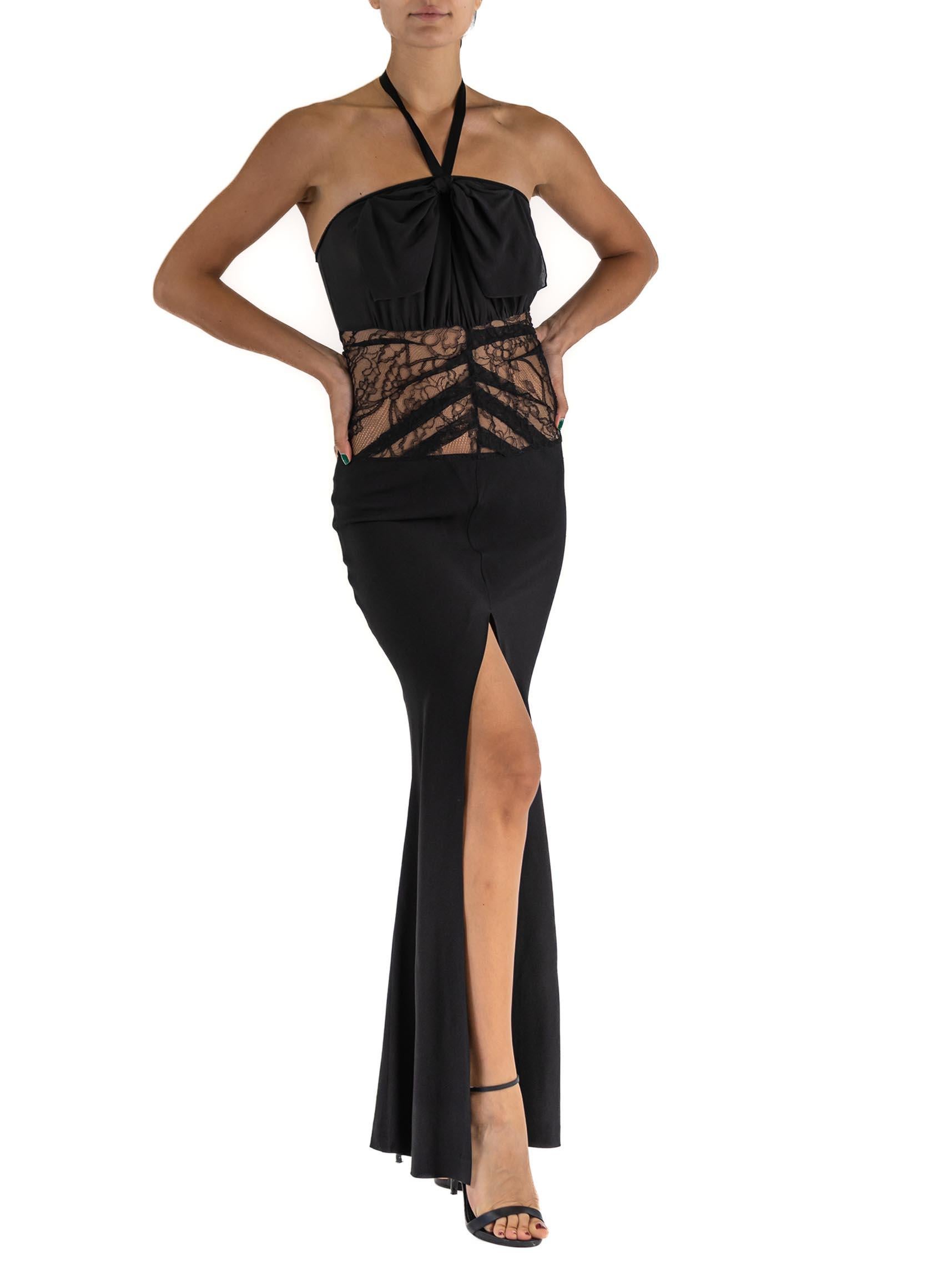 1990S JOHN GALLIANO CHRISTIAN DIOR Black Silk Lace High Center Slit Gown With H For Sale 2