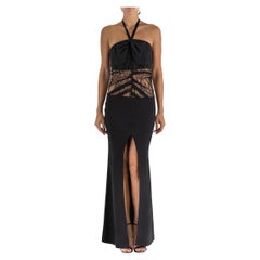 1990S JOHN GALLIANO CHRISTIAN DIOR Black Silk Lace High Center Slit Gown With H