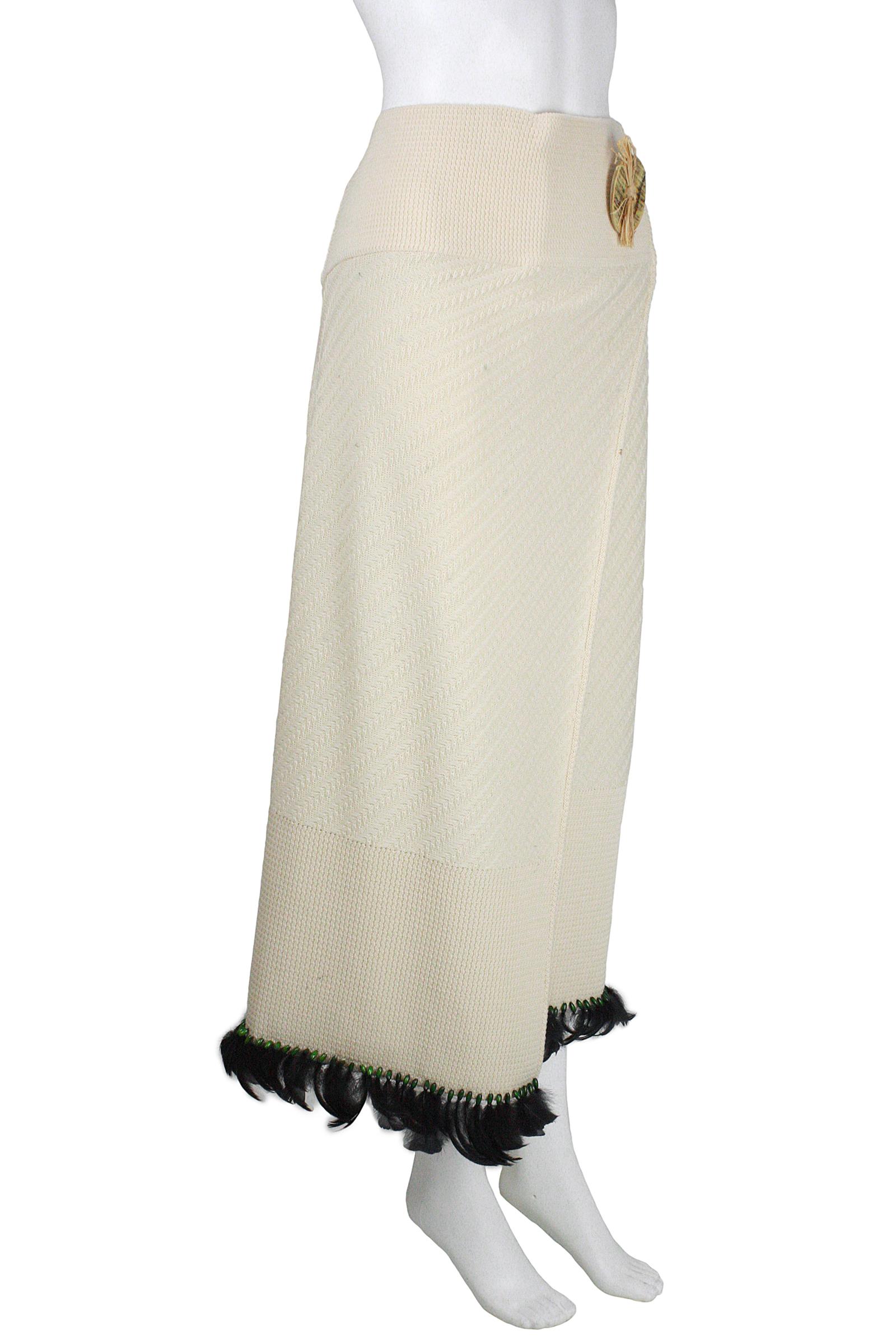 1990s John Galliano Cream Knit Wrap Skirt with Green Beads and Black Feathers In Good Condition In Los Angeles, CA