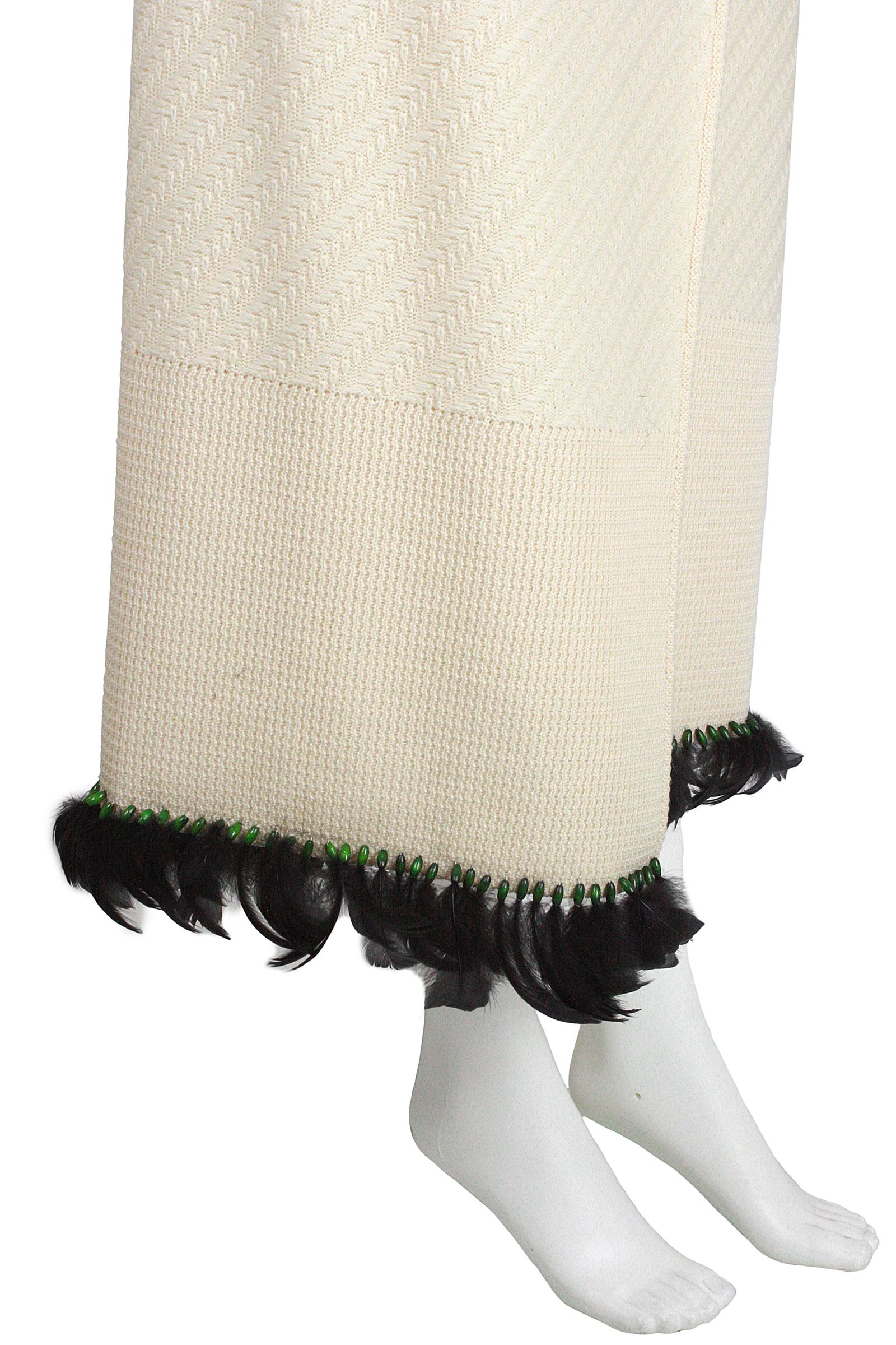 Women's 1990s John Galliano Cream Knit Wrap Skirt with Green Beads and Black Feathers
