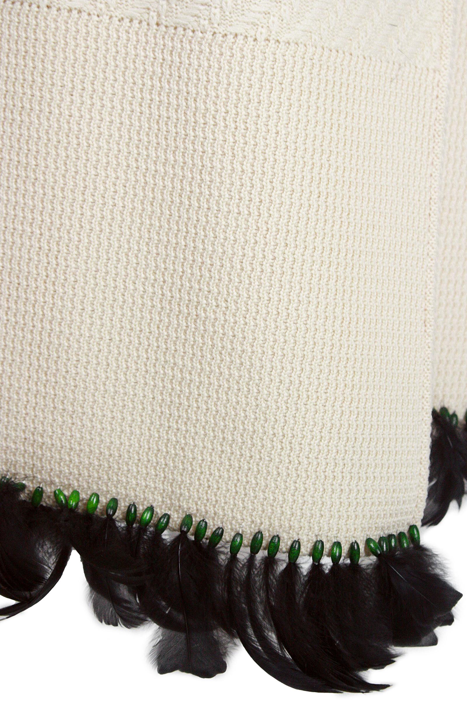 1990s John Galliano Cream Knit Wrap Skirt with Green Beads and Black Feathers 1