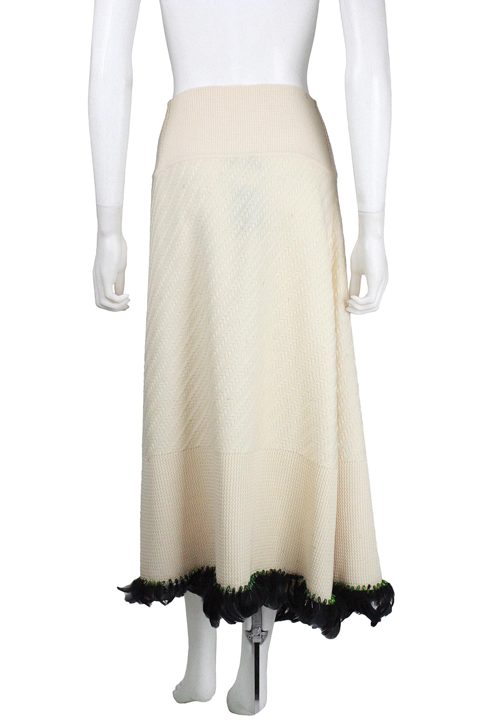 1990s John Galliano Cream Knit Wrap Skirt with Green Beads and Black Feathers 2