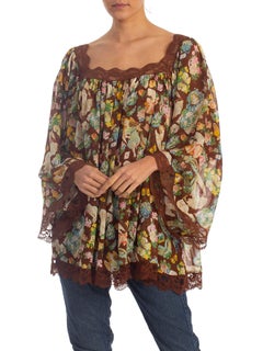 1990's John Galliano Dior Victorian Angel Print Silk Chiffon & Lace Boho Top Top