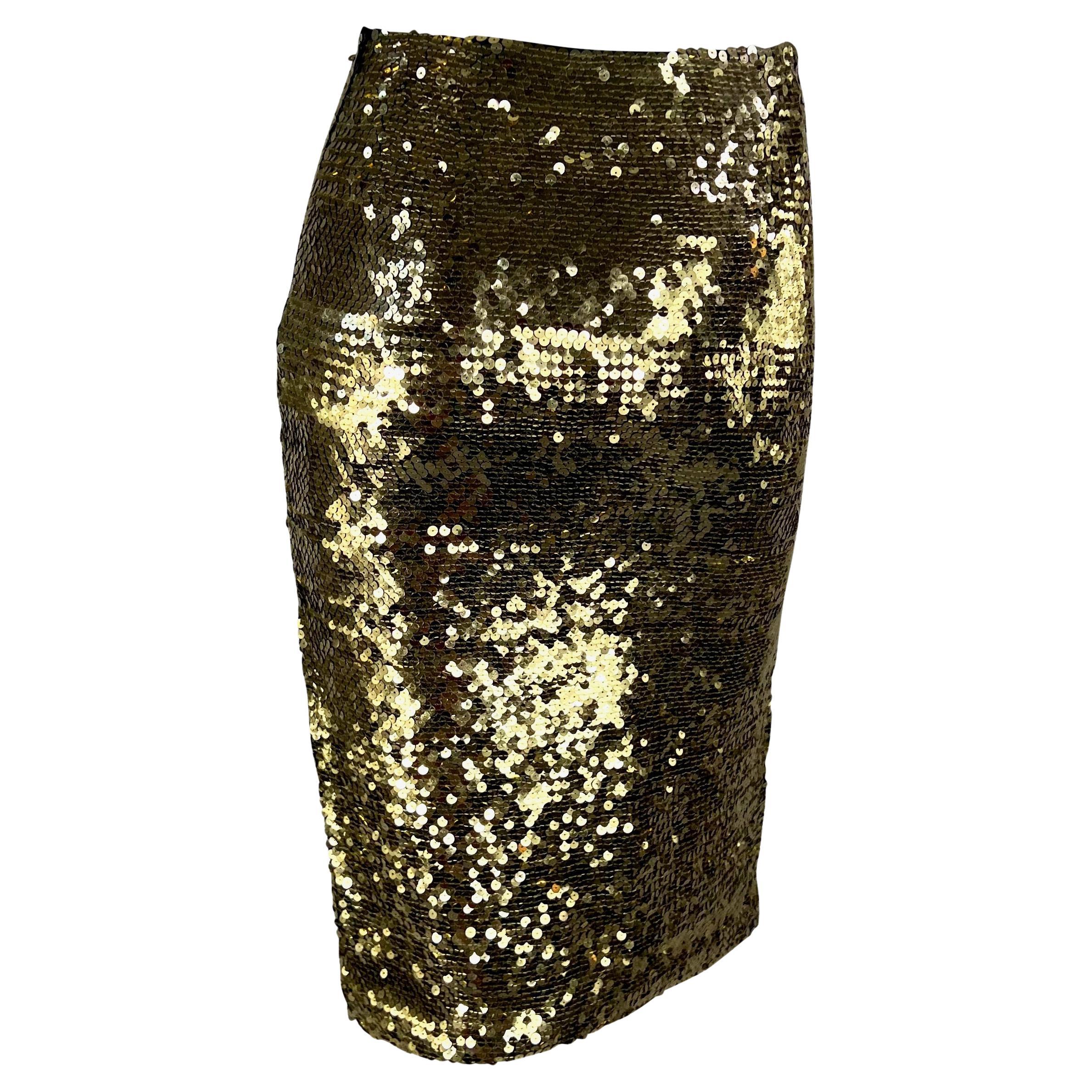 Black 1990s John Galliano Gold Sequin Slit Bodycon Pencil Skirt For Sale
