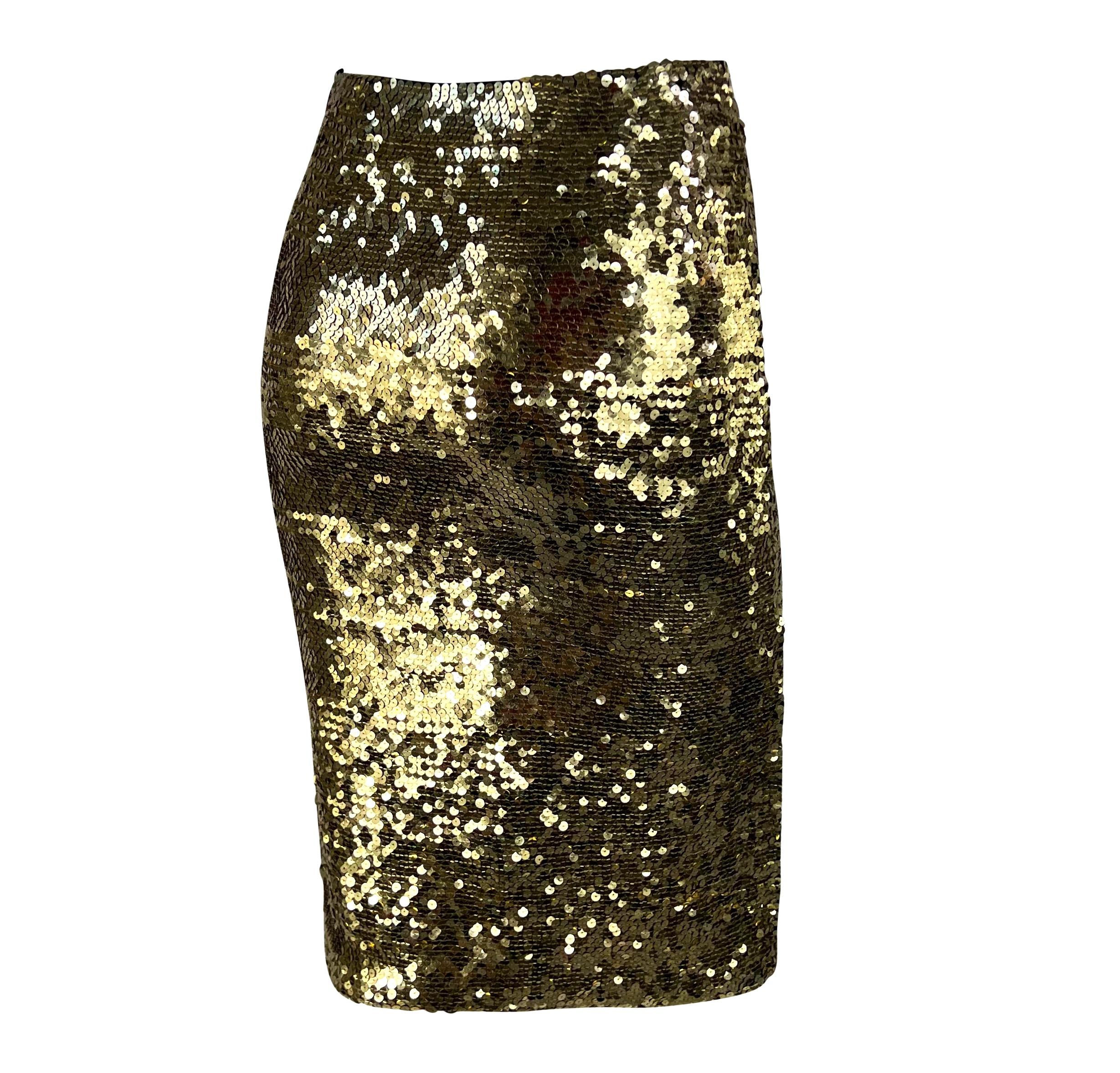 1990s John Galliano Gold Sequin Slit Bodycon Pencil Skirt In Excellent Condition For Sale In West Hollywood, CA