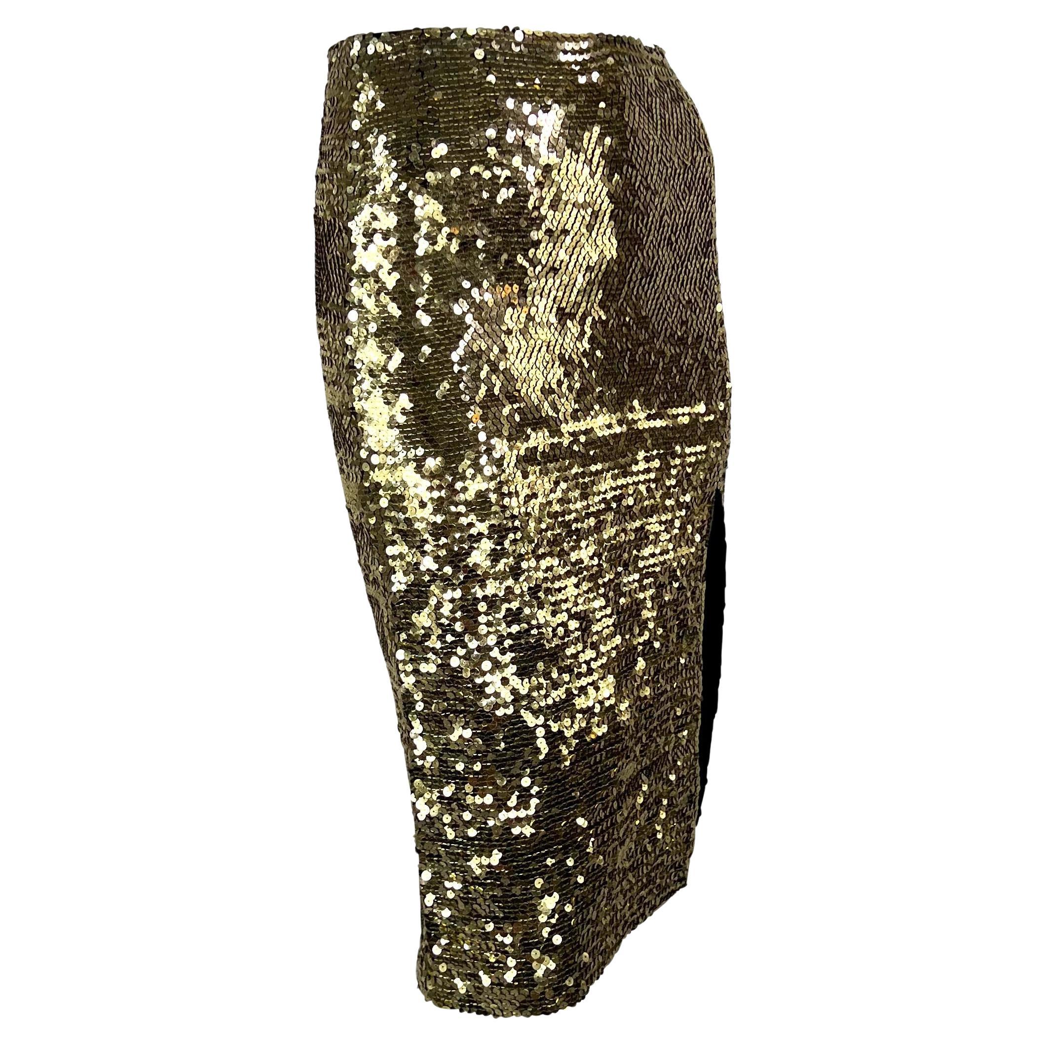Women's 1990s John Galliano Gold Sequin Slit Bodycon Pencil Skirt For Sale
