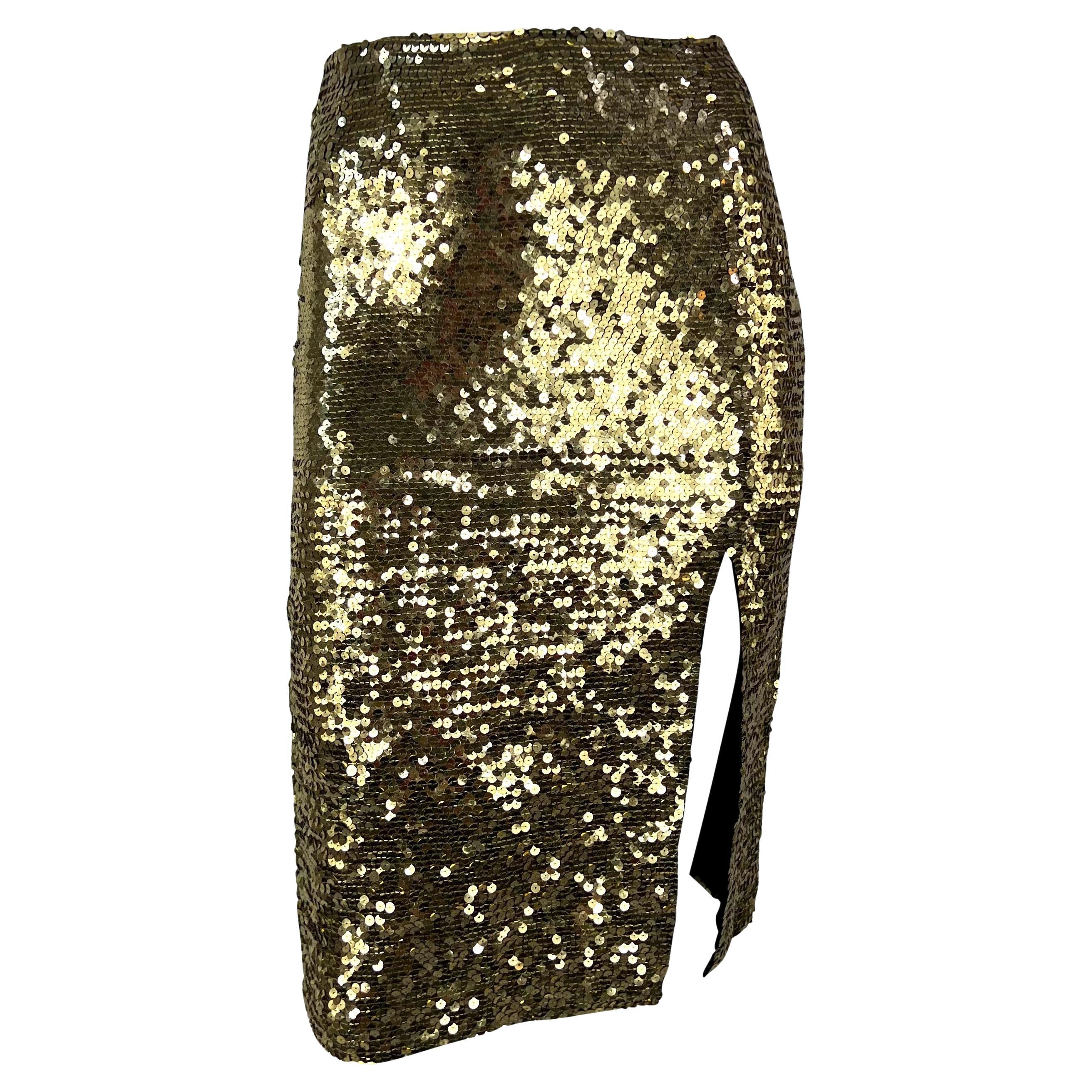 1990s John Galliano Gold Sequin Slit Bodycon Pencil Skirt
