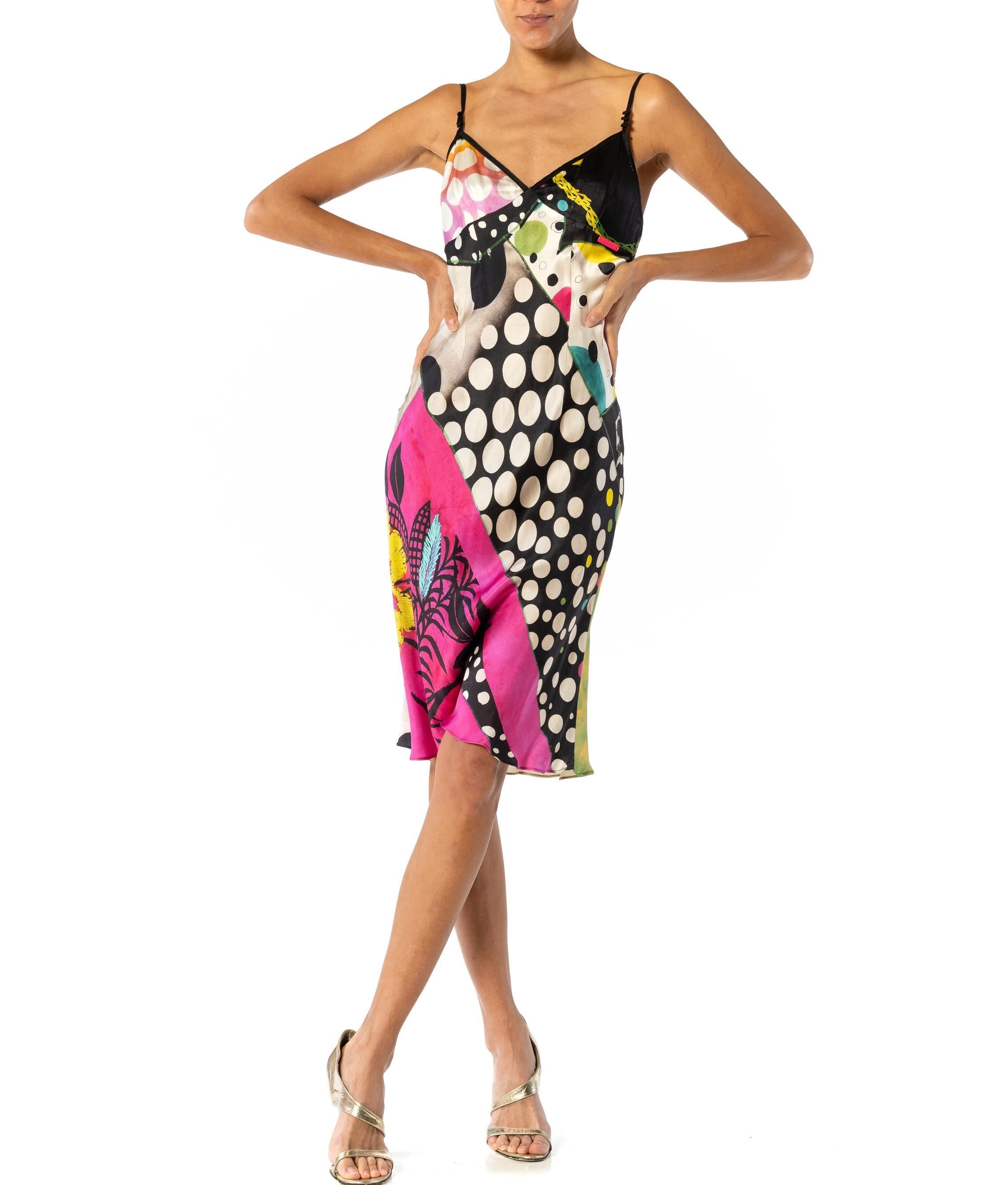 1990S JOHN GALLIANO Pink, Black, & Multicolor Silk Slip Dress For Sale 1