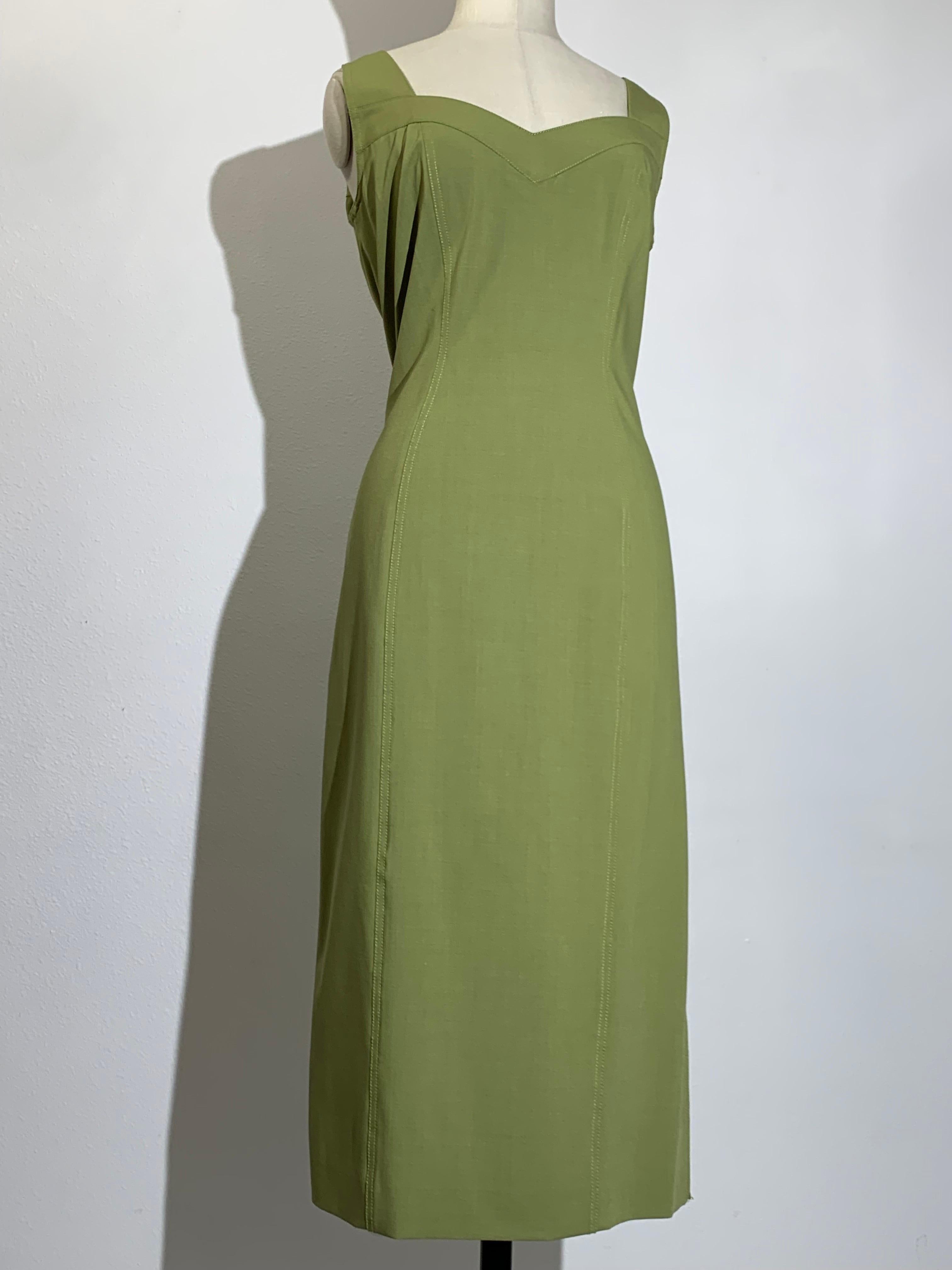 1990s John Galliano Sage Green Lightweight Wool Stretch Sheath Dress:  Sleeveless summer-weight wool dress with sweetheart neckline at front and back. Fully lined in silk charmeuse. Back zipper. Fits a US size 12