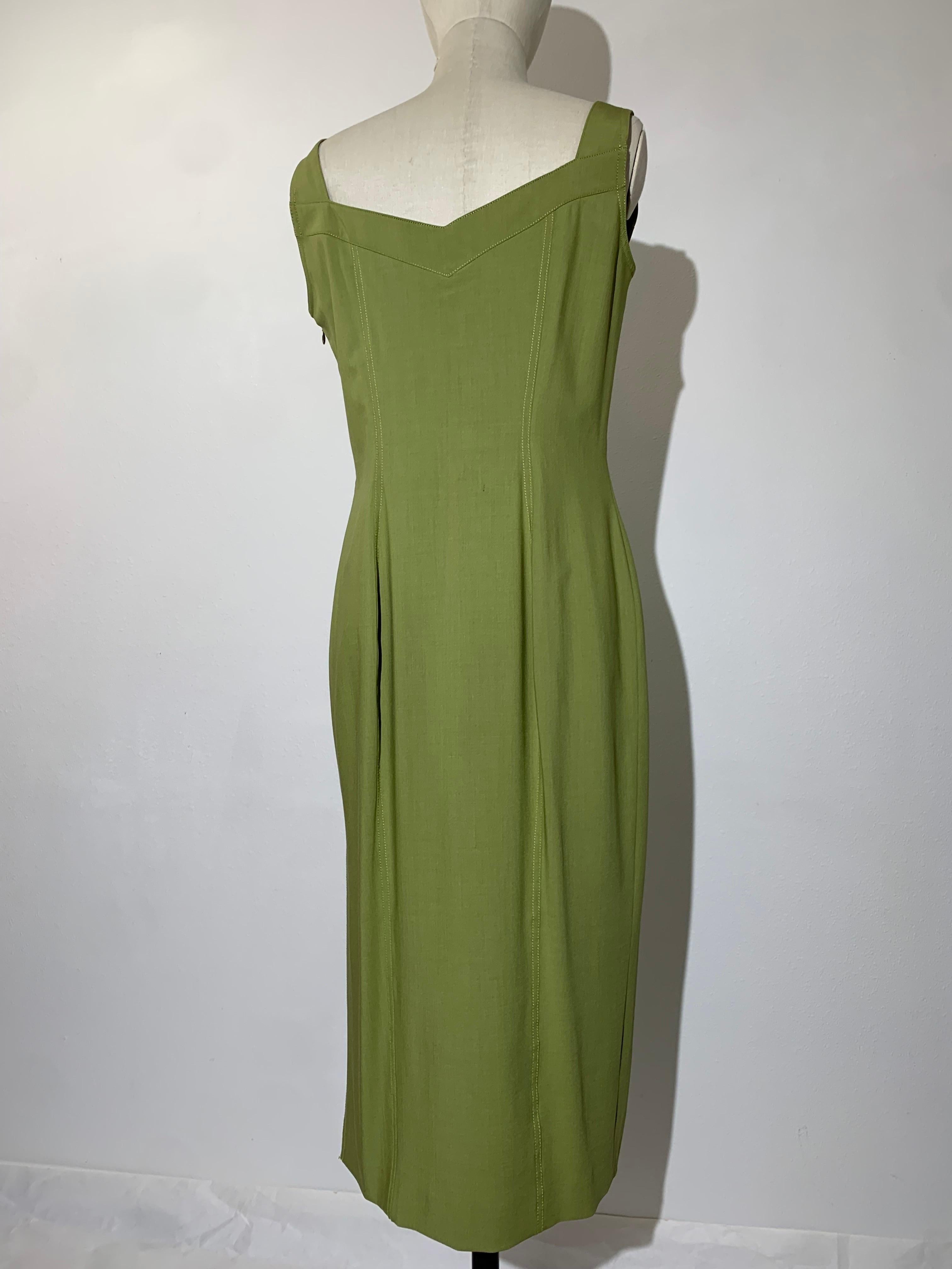 1990er John Galliano Sage Green Leichtes Stretch-Scheidenkleid aus Wolle im Zustand „Hervorragend“ im Angebot in Gresham, OR