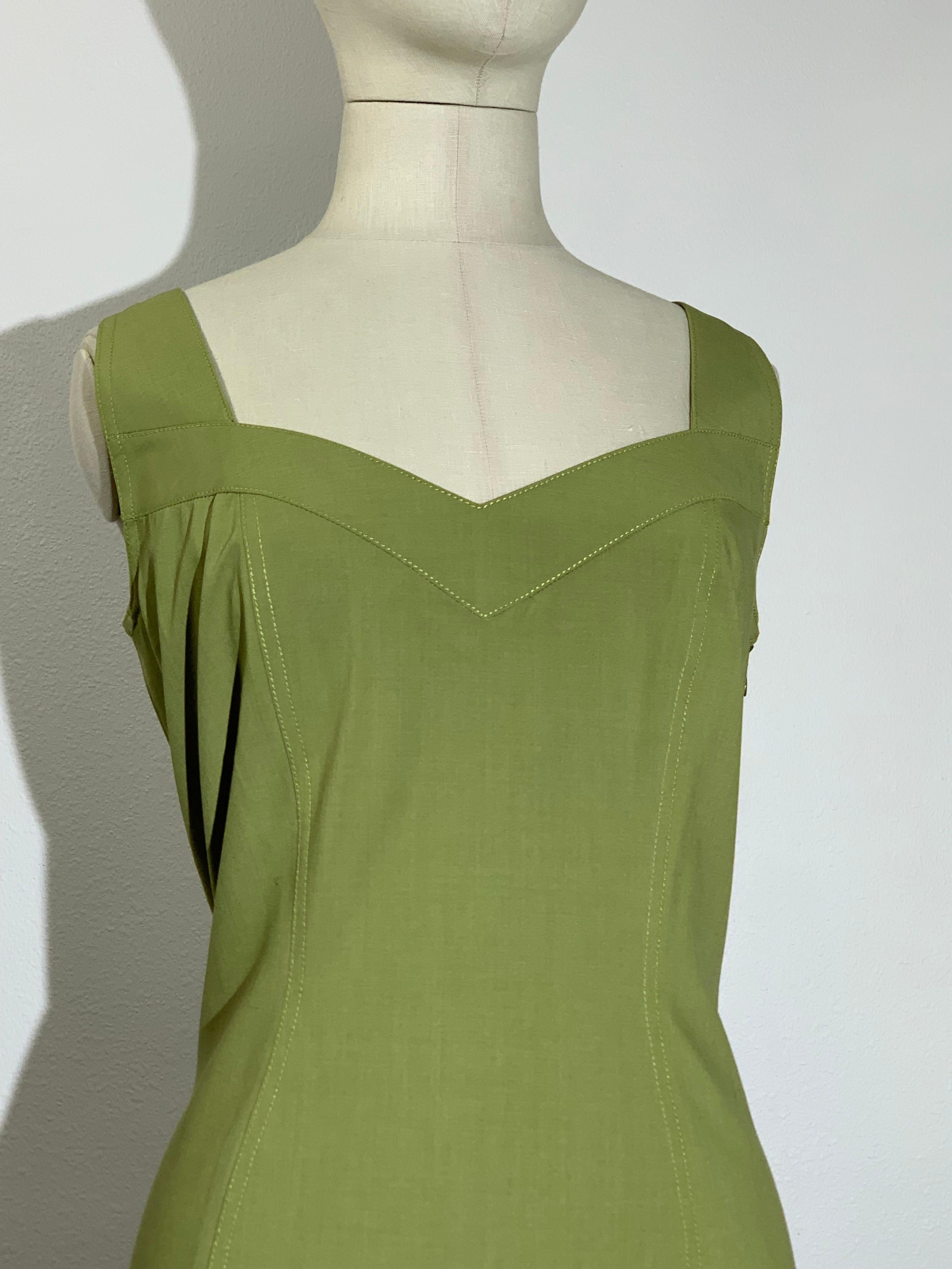1990s John Galliano Sage Green Lightweight Wool Stretch Sheath Dress For Sale 1