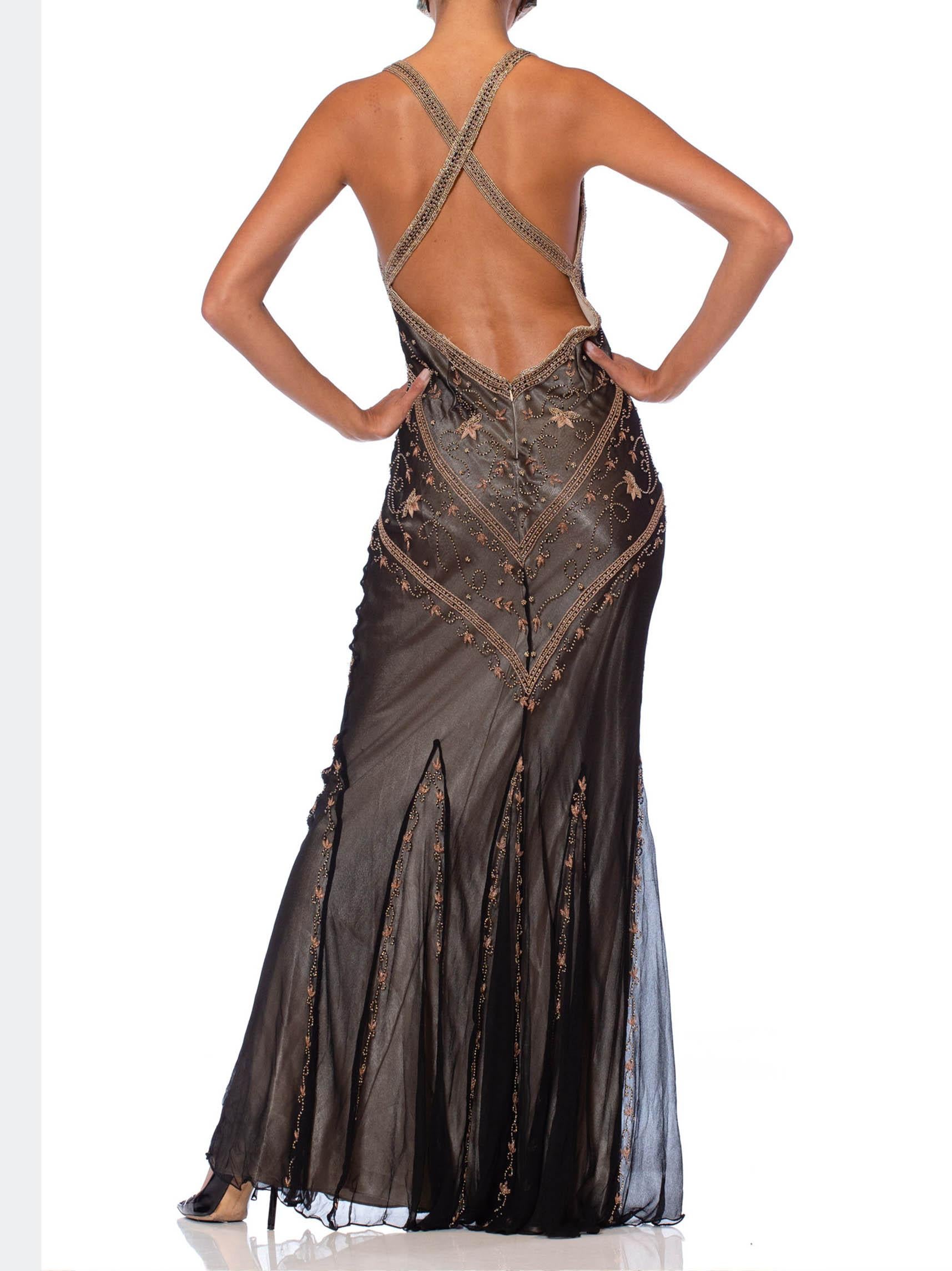 1990S JOHN GALLIANO Style Schwarzer Schrägschnitt Seidenchiffon über Satin Perlen & Stickerei Damen