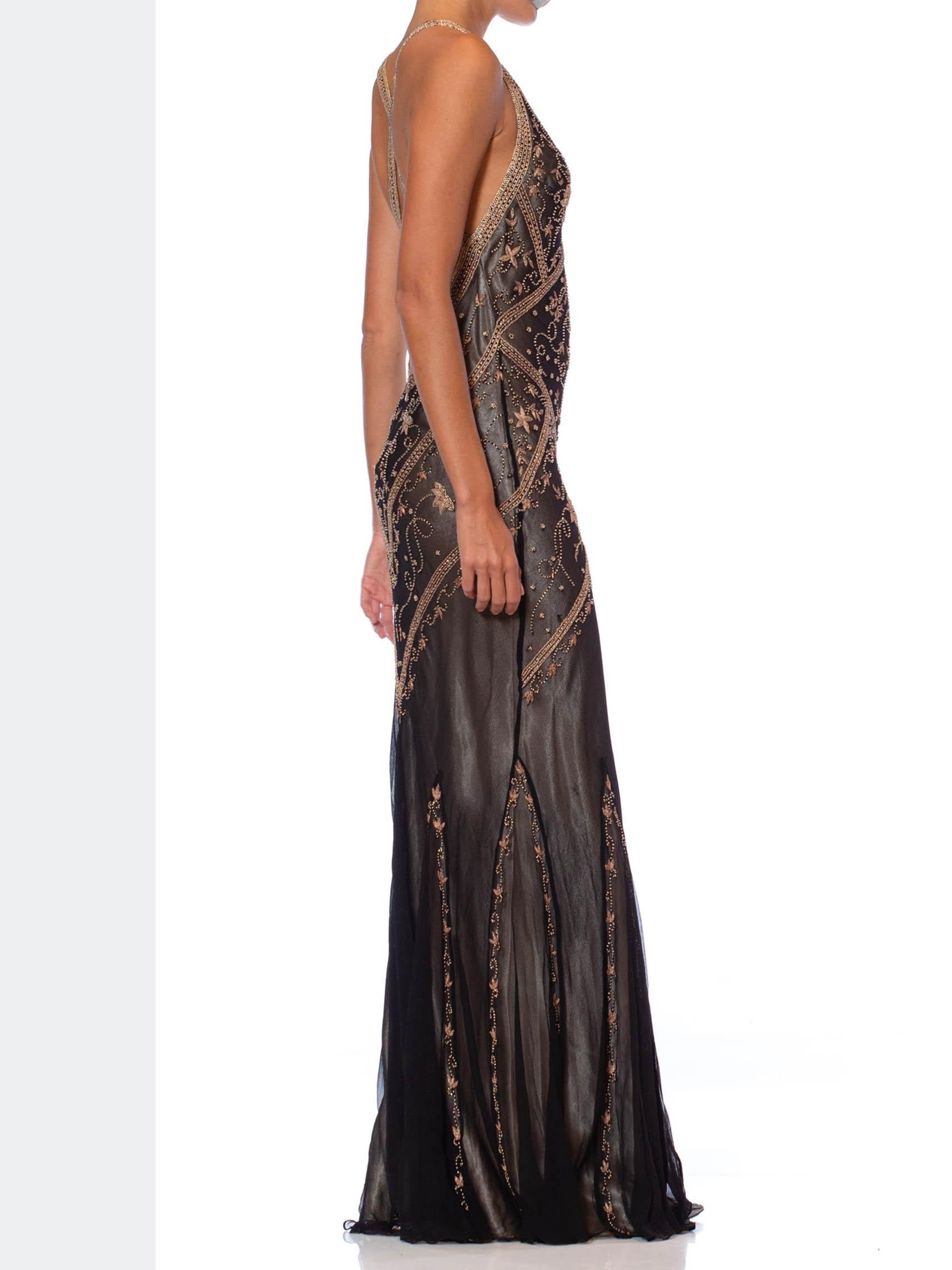 1990S JOHN GALLIANO Style Schwarzer Schrägschnitt Seidenchiffon über Satin Perlen & Stickerei 1
