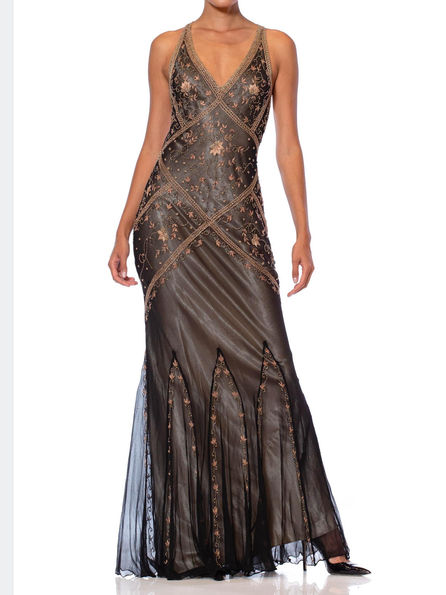 1990S JOHN GALLIANO Style Schwarzer Schrägschnitt Seidenchiffon über Satin Perlen & Stickerei 2