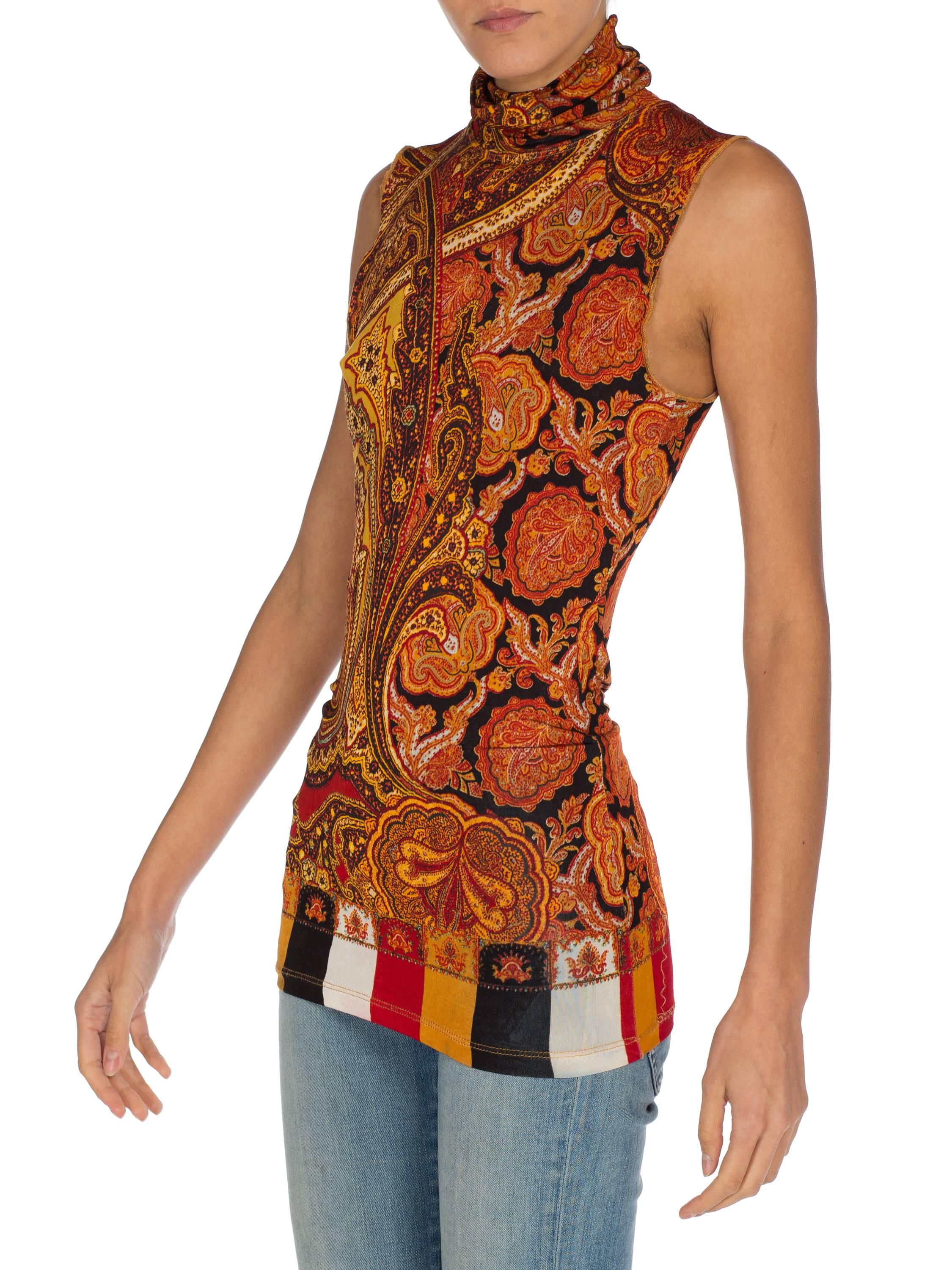 Brown 1990S JEAN PAUL GAULTIER Rayon Blend Jersey Sleeveless Paisley Turtleneck Top