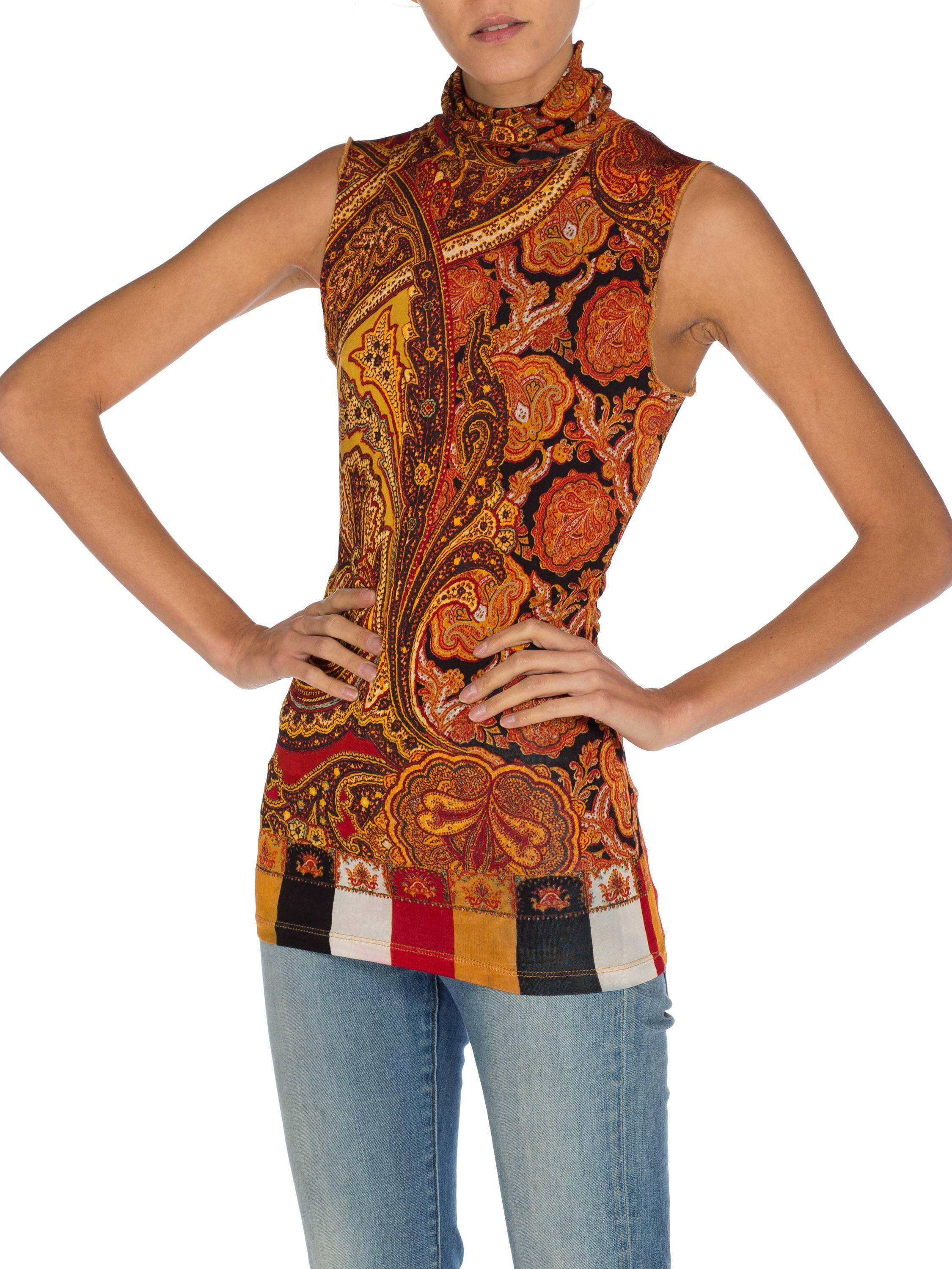 1990S JEAN PAUL GAULTIER Rayon Blend Jersey Sleeveless Paisley Turtleneck Top In Excellent Condition In New York, NY