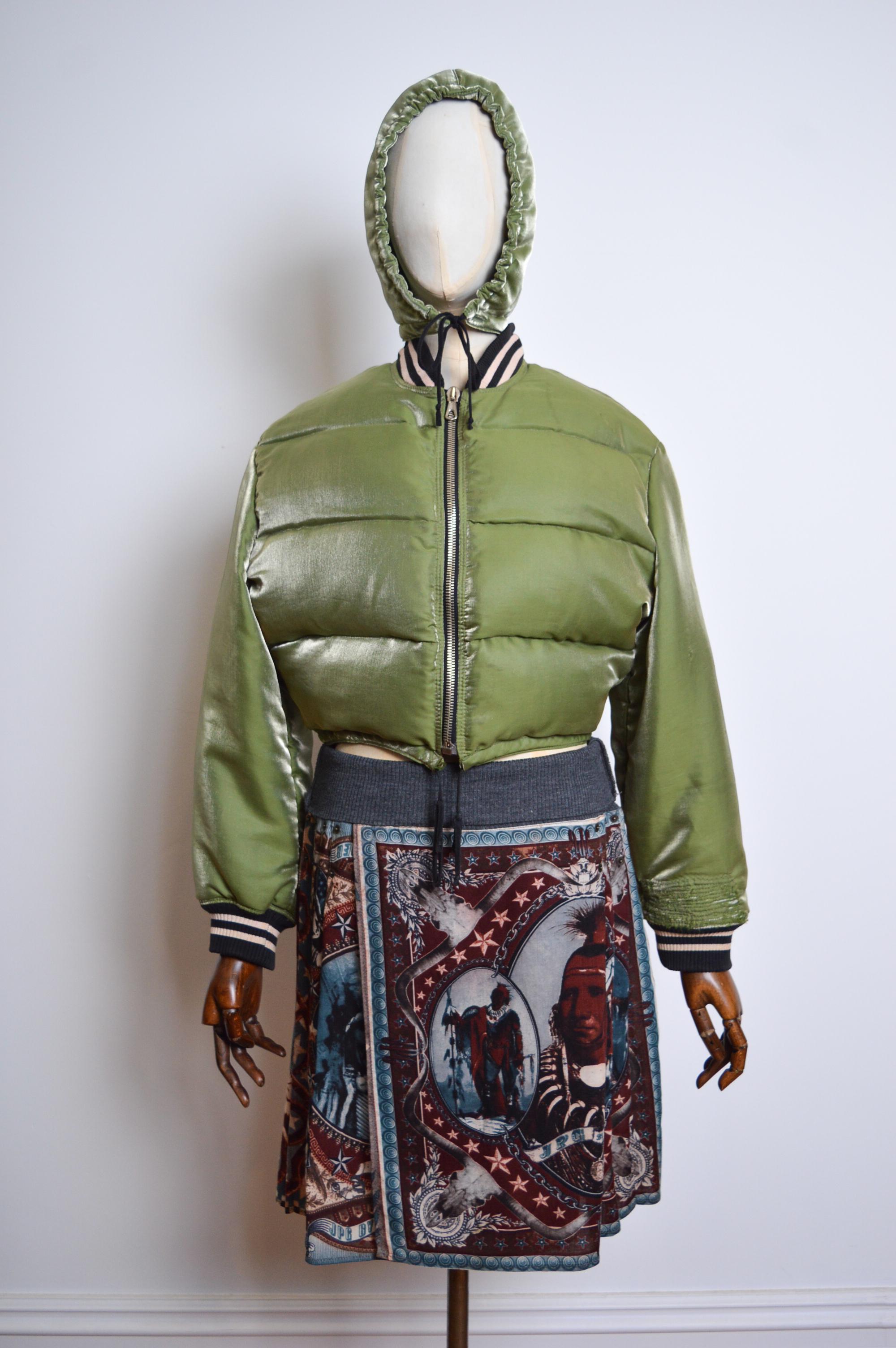 Women's or Men's 1990's JPG Khaki Green JEAN PAUL GAULTIER Cropped Bomber puffer Jacket with Hood For Sale
