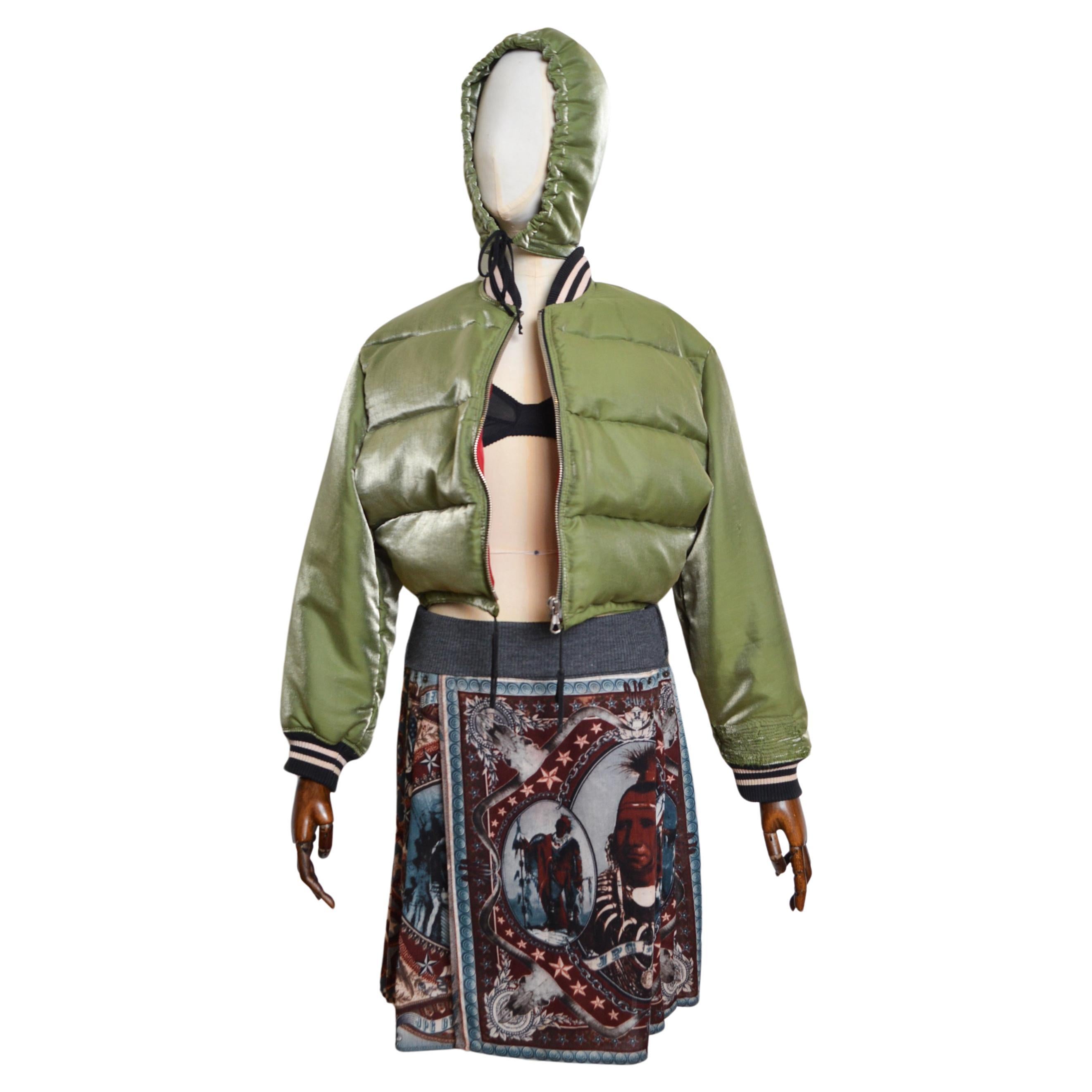 1990's JPG Khaki Green JEAN PAUL GAULTIER Cropped Bomber puffer Jacket with Hood For Sale