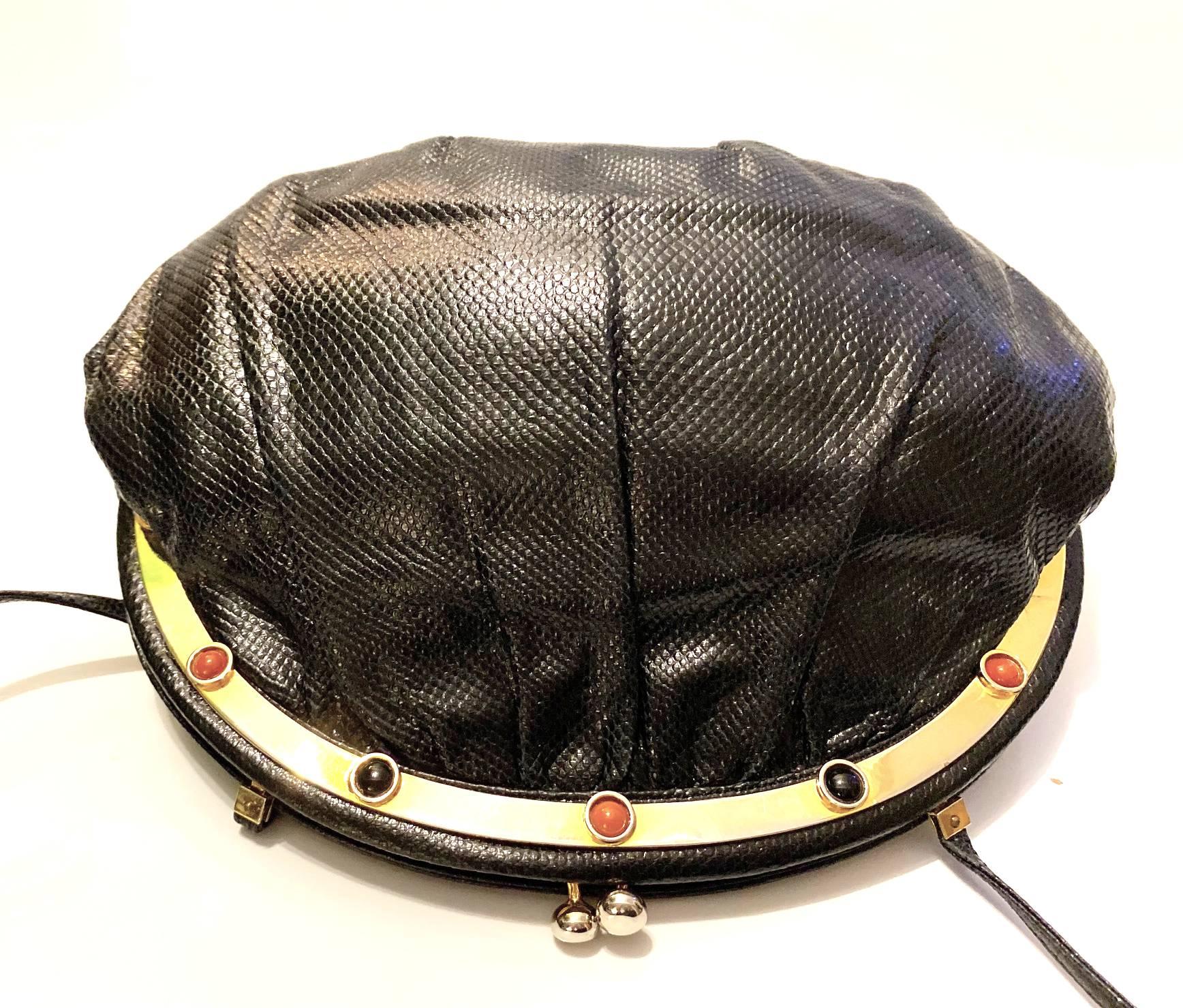 Women's 1990s Judith Leiber Karung Black Shoulder Bag with Gems and Goldware For Sale